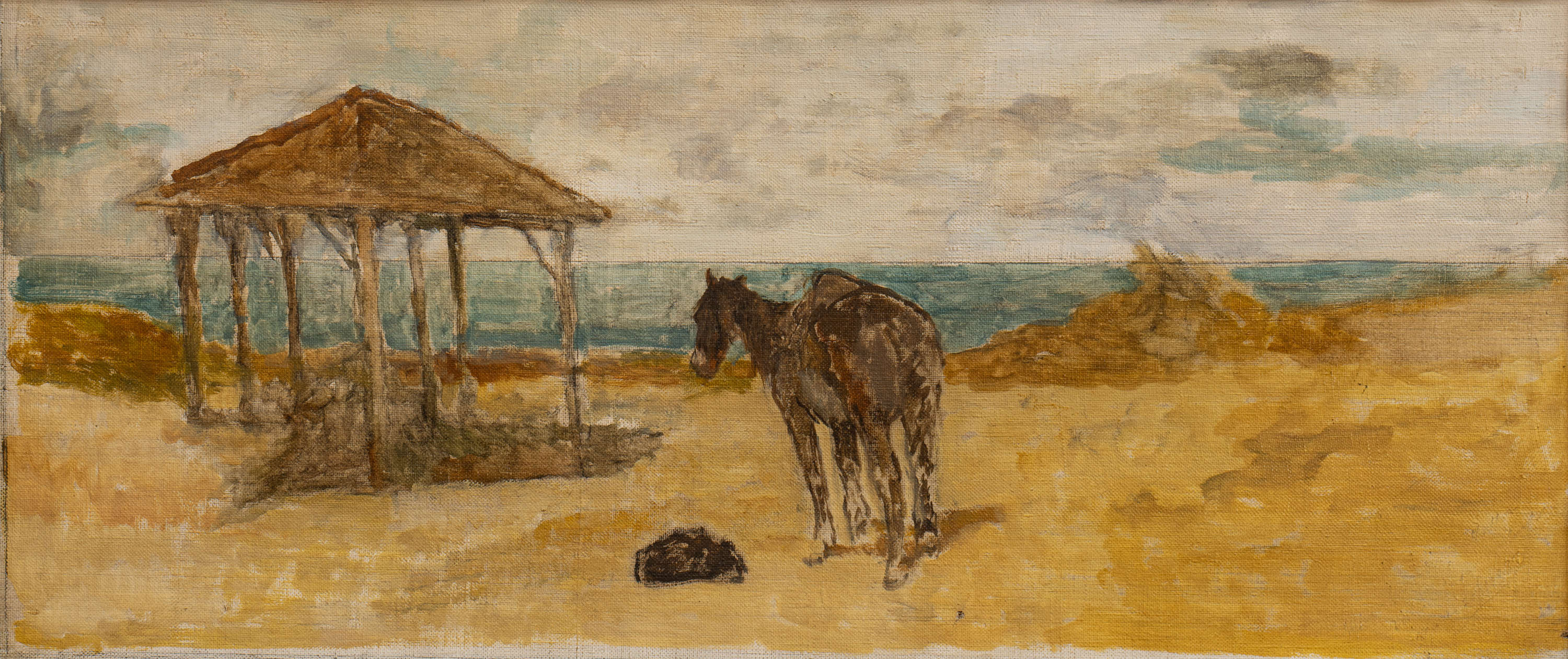乔瓦尼-法托里，Capanno e cavallo in riva al mare（最后的笔触）（1908 年；布面油画，32 x 70 厘米；里窝那，乔瓦尼-法托里市政博物馆，编号 1991/1025, M1443）
