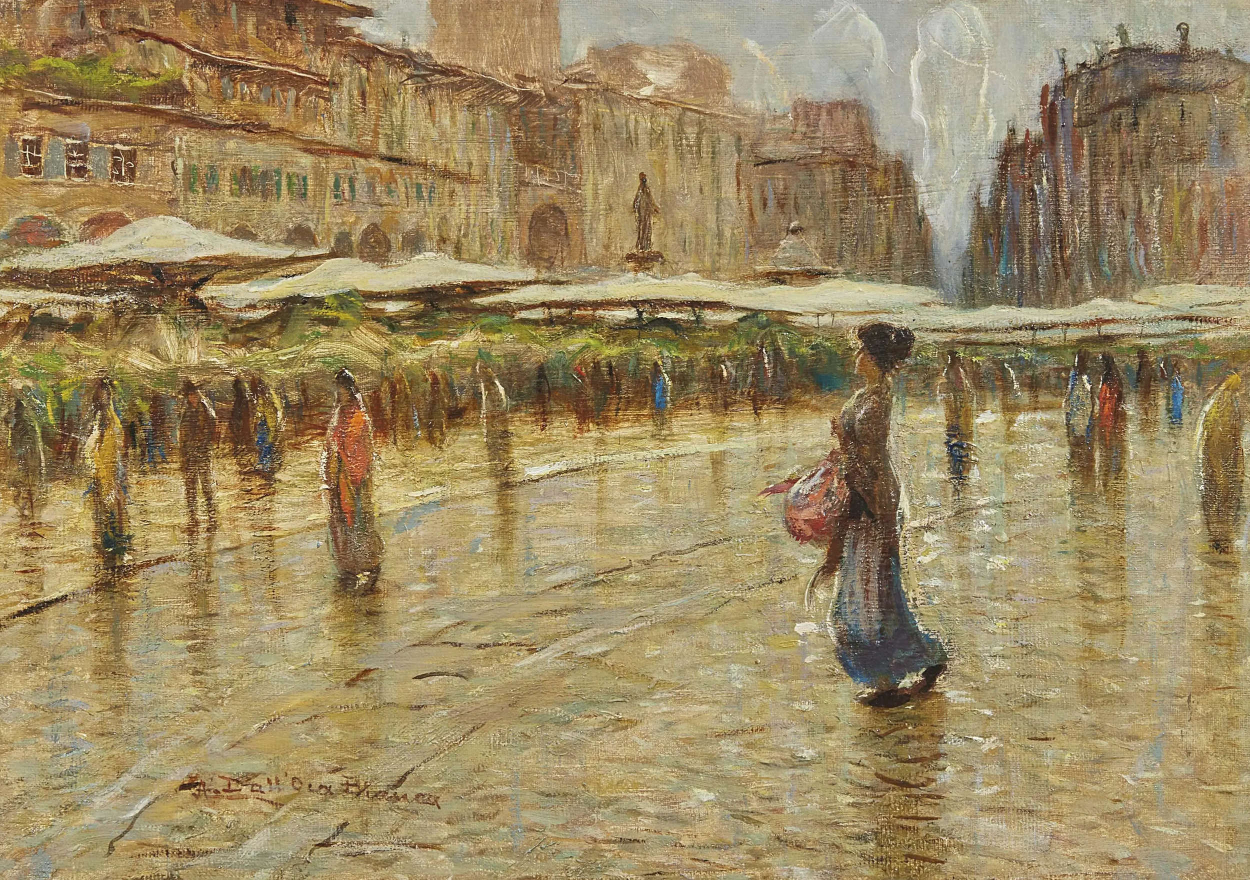 Angelo Dall'Oca Bianca, Vue de la Piazza delle Erbe (début du 20e siècle ; huile sur toile, 35 x 49 cm ; collection privée)