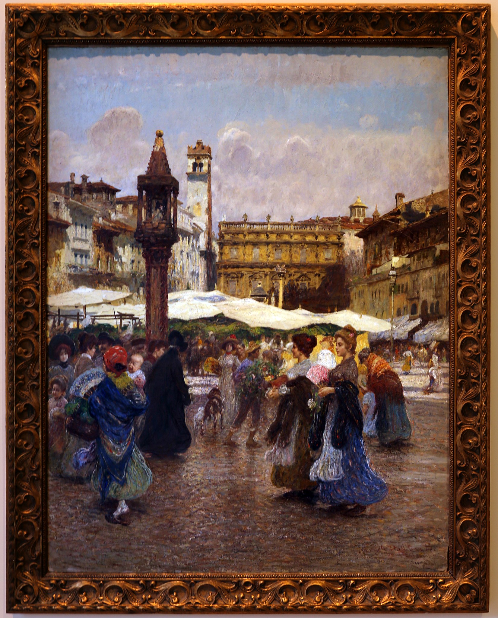 Angelo Dall'Oca Bianca, Piazza delle Erbe (1903 ; huile sur toile, 171 x 131 cm ; Vérone, Galleria d'Arte Moderna Achille Forti, inv. 6158)