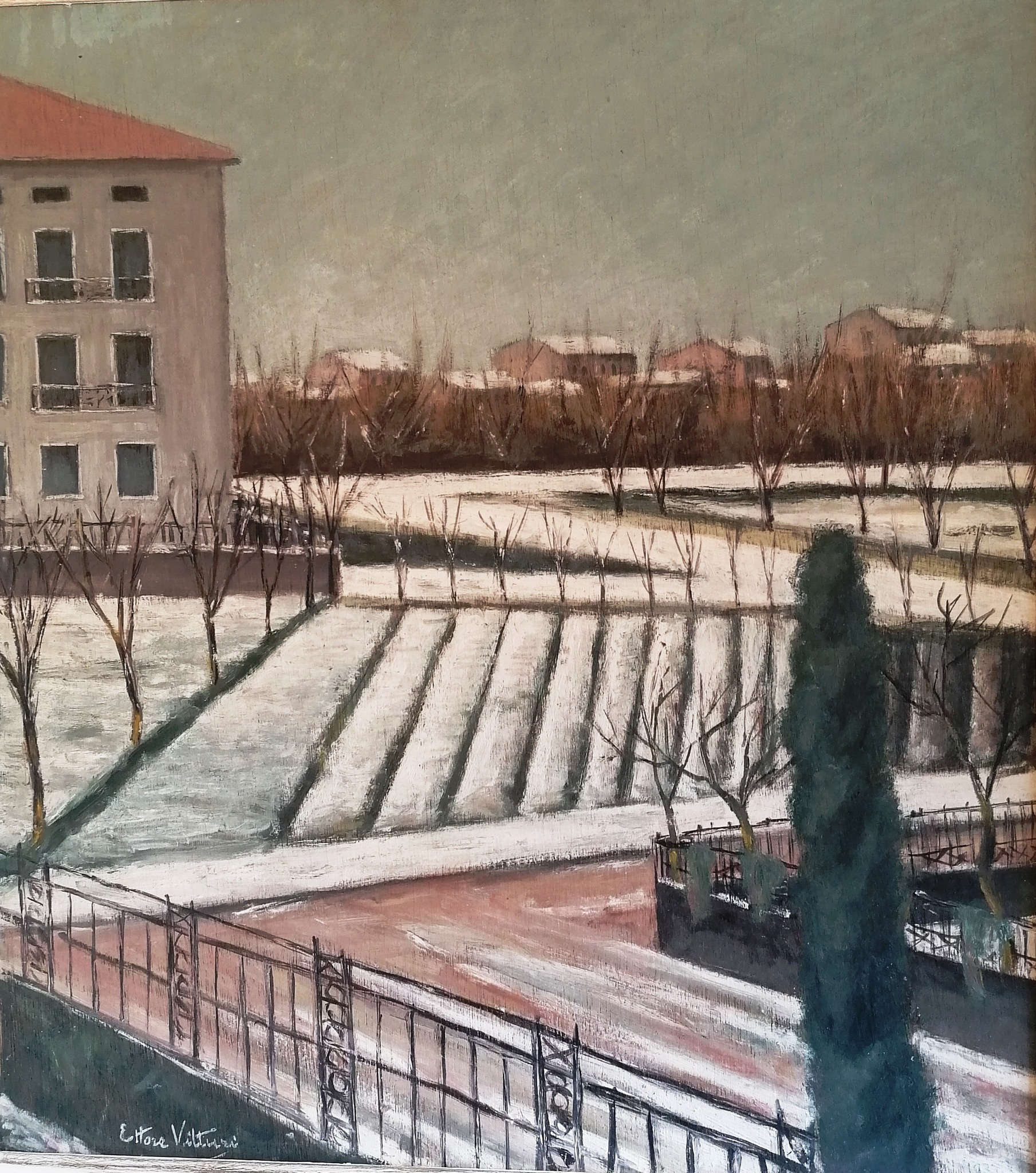 Ettore Vitturi, Chute de neige à Borgo Trento - Via Guerzoni (1933 ; huile sur panneau ; collection privée)