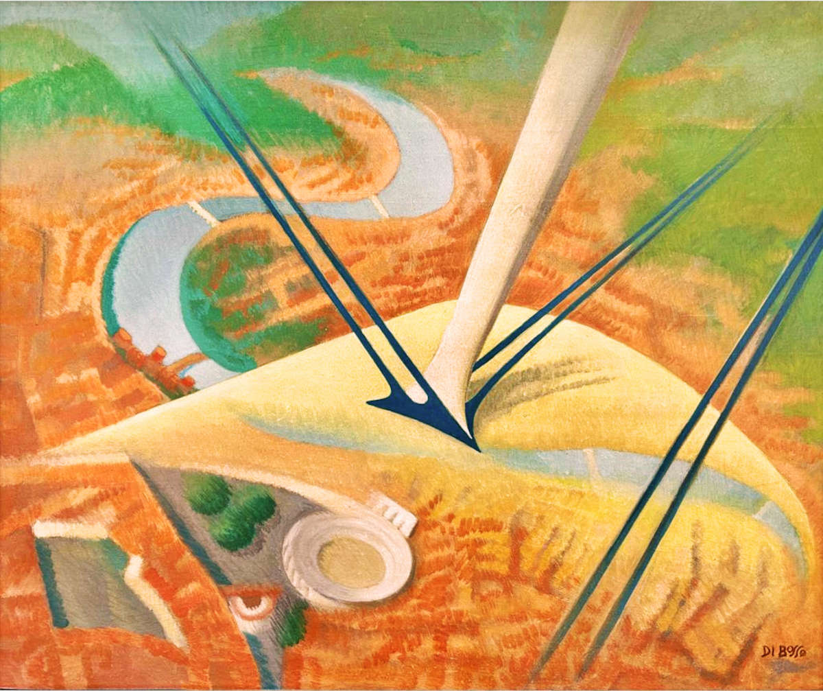 Renato Righetti-Di Bosso, Le vol au-dessus de Vérone (1970 ; huile sur panneau, 50 x 60 cm). En concession de Faraci Arte