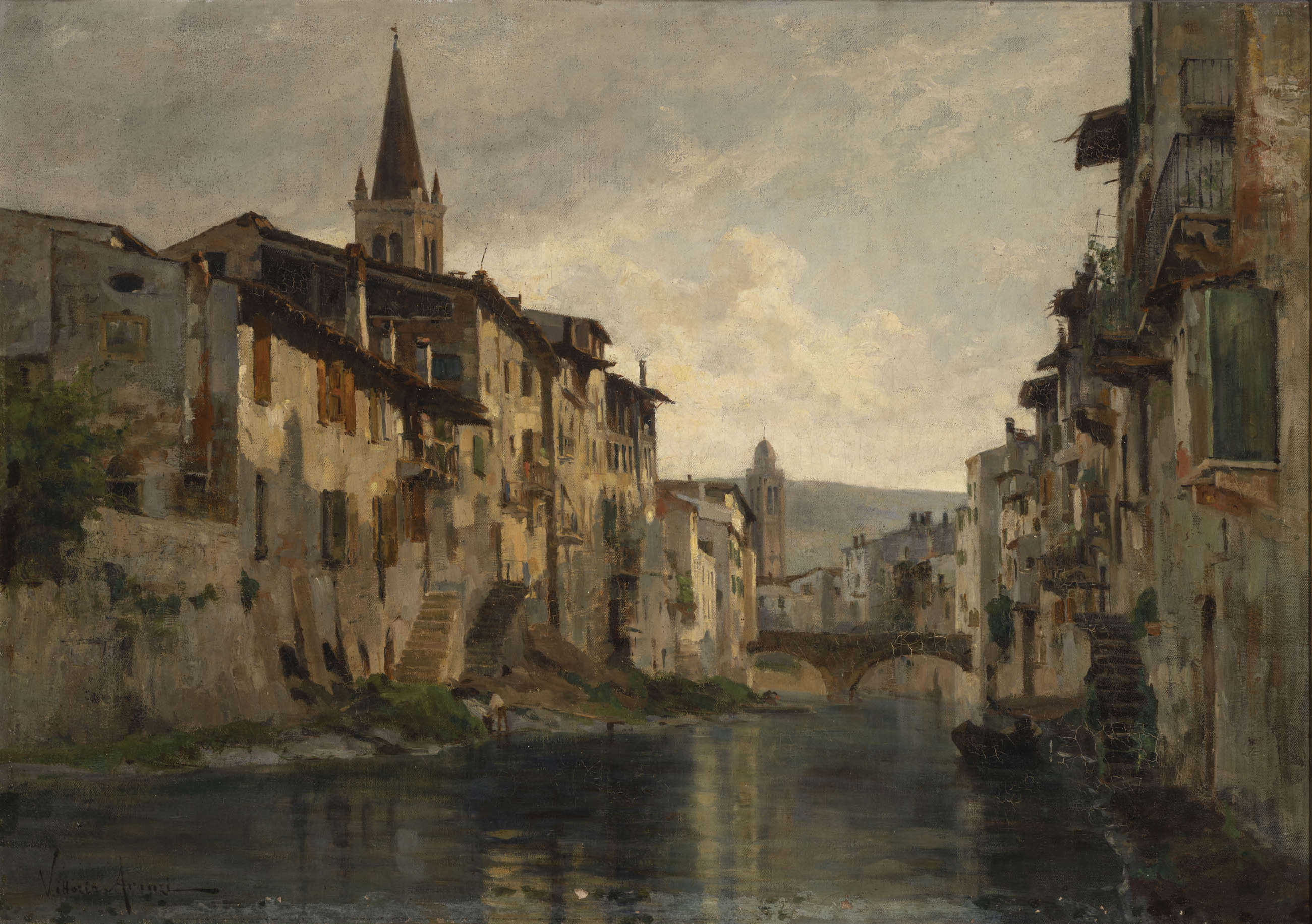 Vittorio Avanzi, Le canal de l'Acqua Morta à Vérone (vers 1880 ; huile sur toile, 74,5 x 106,5 cm ; Vérone, Galleria d'Arte Moderna Achille Forti, inv. 6391-1C1353)