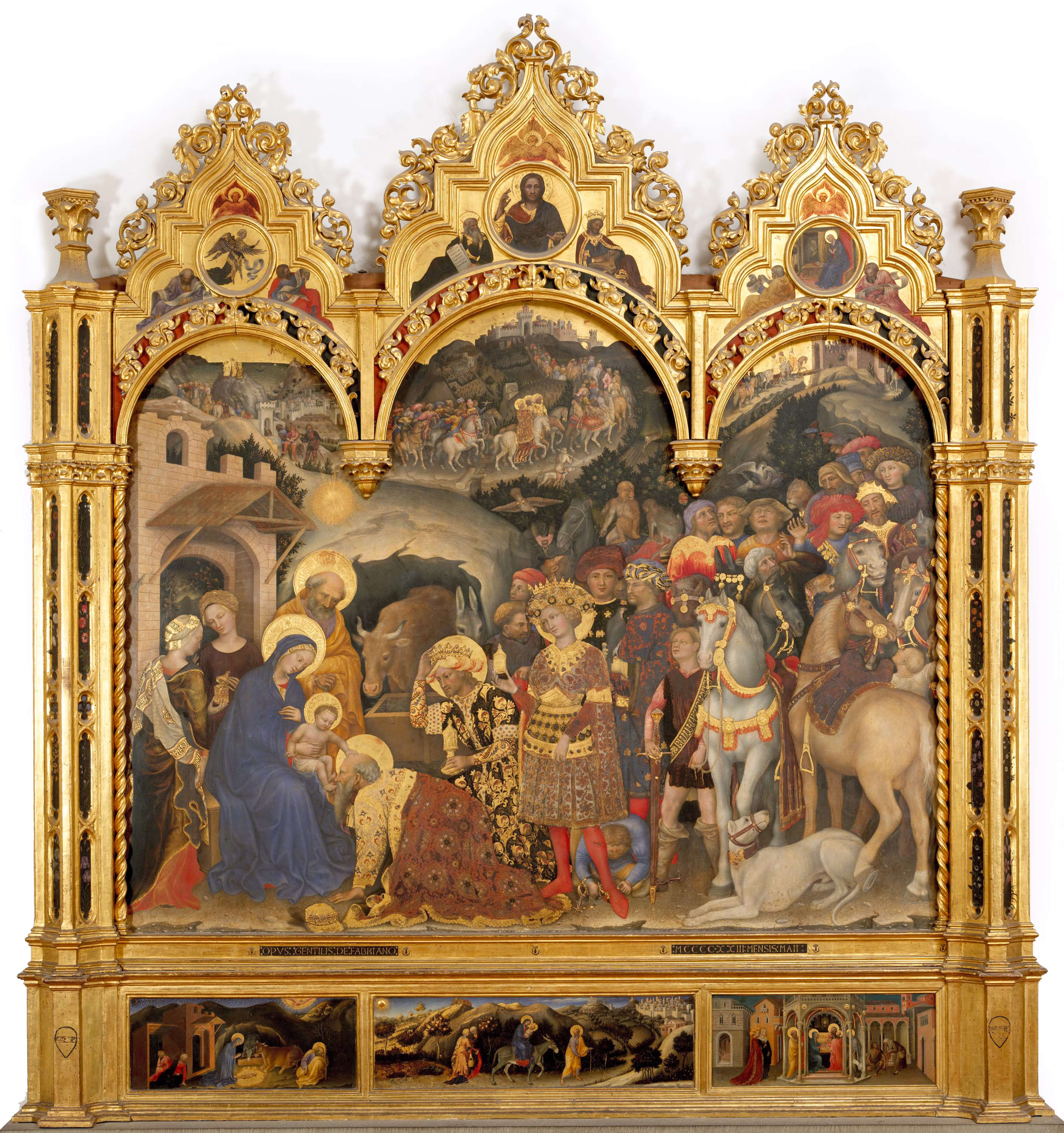 Gentile da Fabriano, Adoration des Mages (1423 ; tempera sur panneau, 300 x 282 cm ; Florence, Galerie des Offices, Galerie des peintures et des statues, inv. 1890 no. 8364)