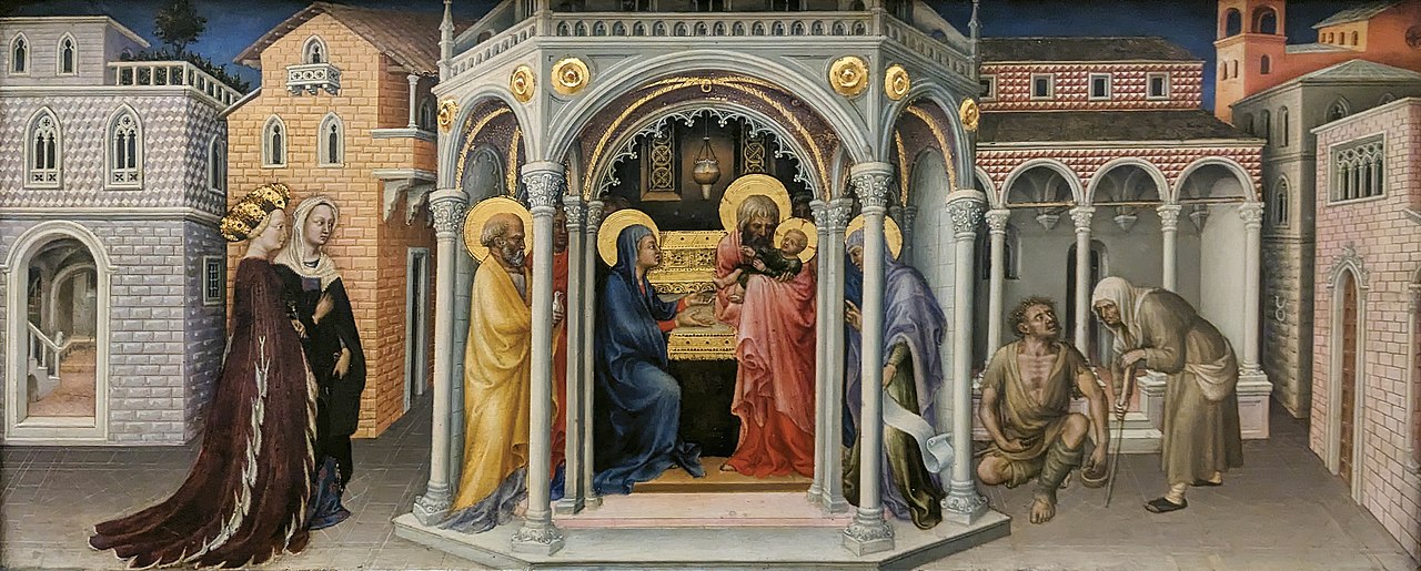 Gentile da Fabriano, Présentation au Temple (1423 ; tempera et or sur panneau ; 26,7 × 62,5 cm ; Paris, Musée du Louvre, Département des Peintures, inv. 295/MR210)