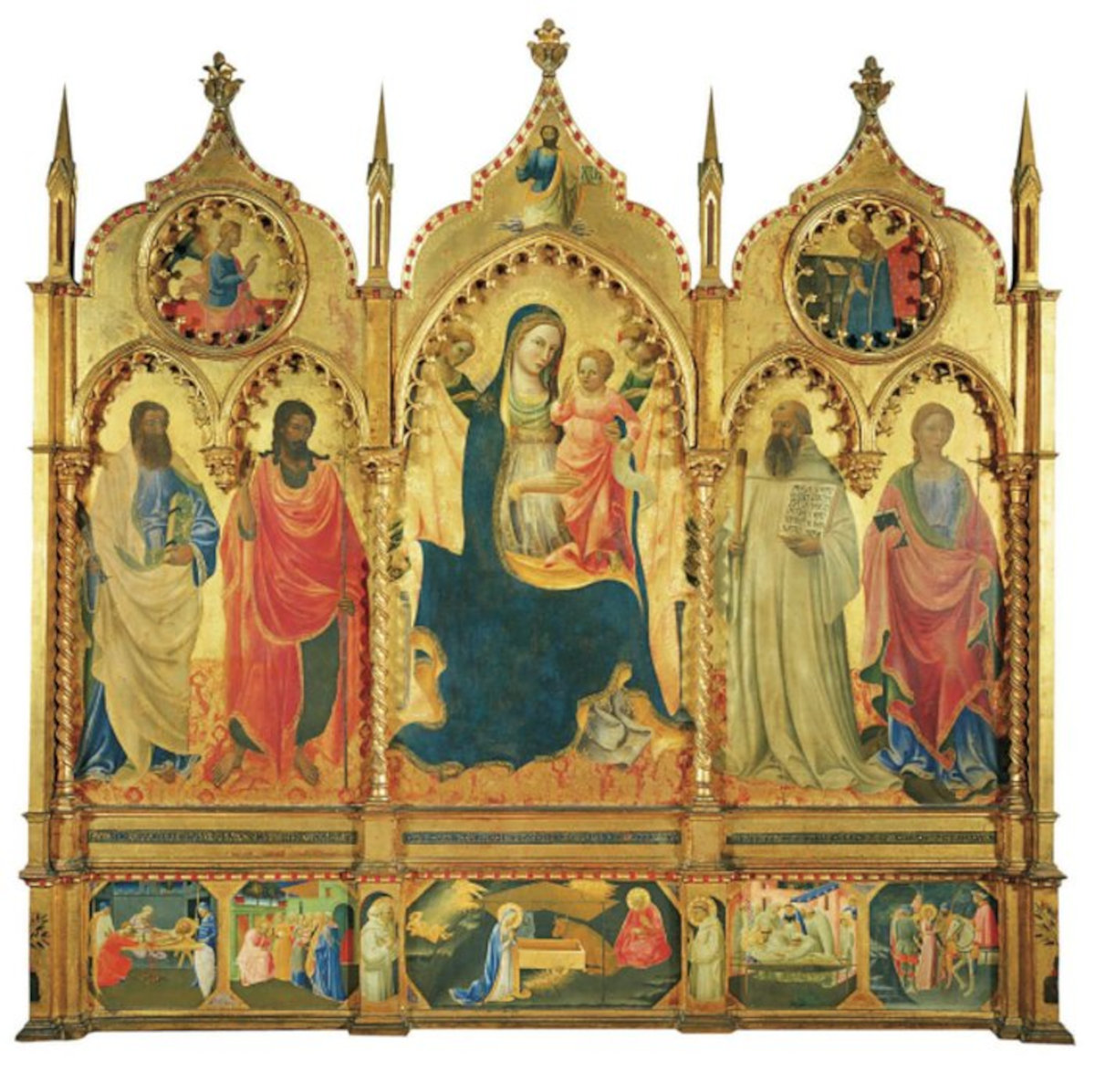 Andrea di Giusto, Madonna mit Kind zwischen den Heiligen Bartholomäus, Johannes dem Täufer, Benedikt und Margareta; Verkündigung; Predella mit Geschichten der Heiligen; Geburt Christi (1435, Tempera auf Tafel, 230 x 245 cm; Prato, Museo di Palazzo Pretorio). Foto: Museum Palazzo Pretorio