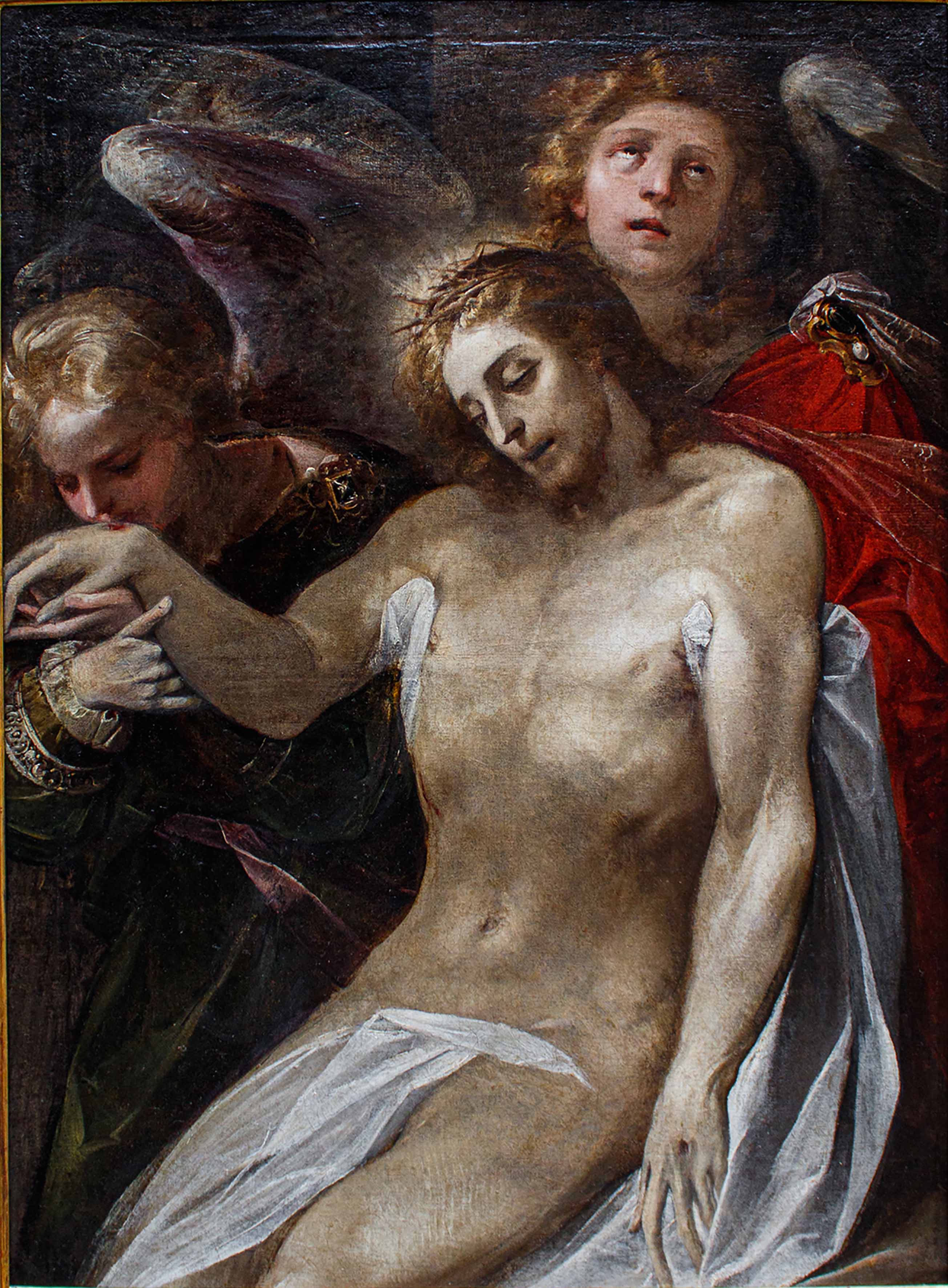Giuseppe Cesari, genannt Cavalier d'Arpino, Toter Christus und Engel (Öl auf Leinwand, 92 x 70 cm) Ausgestellt in der Ausstellung Caravaggio und seine Zeit in Mesagne, Basel und Seoul