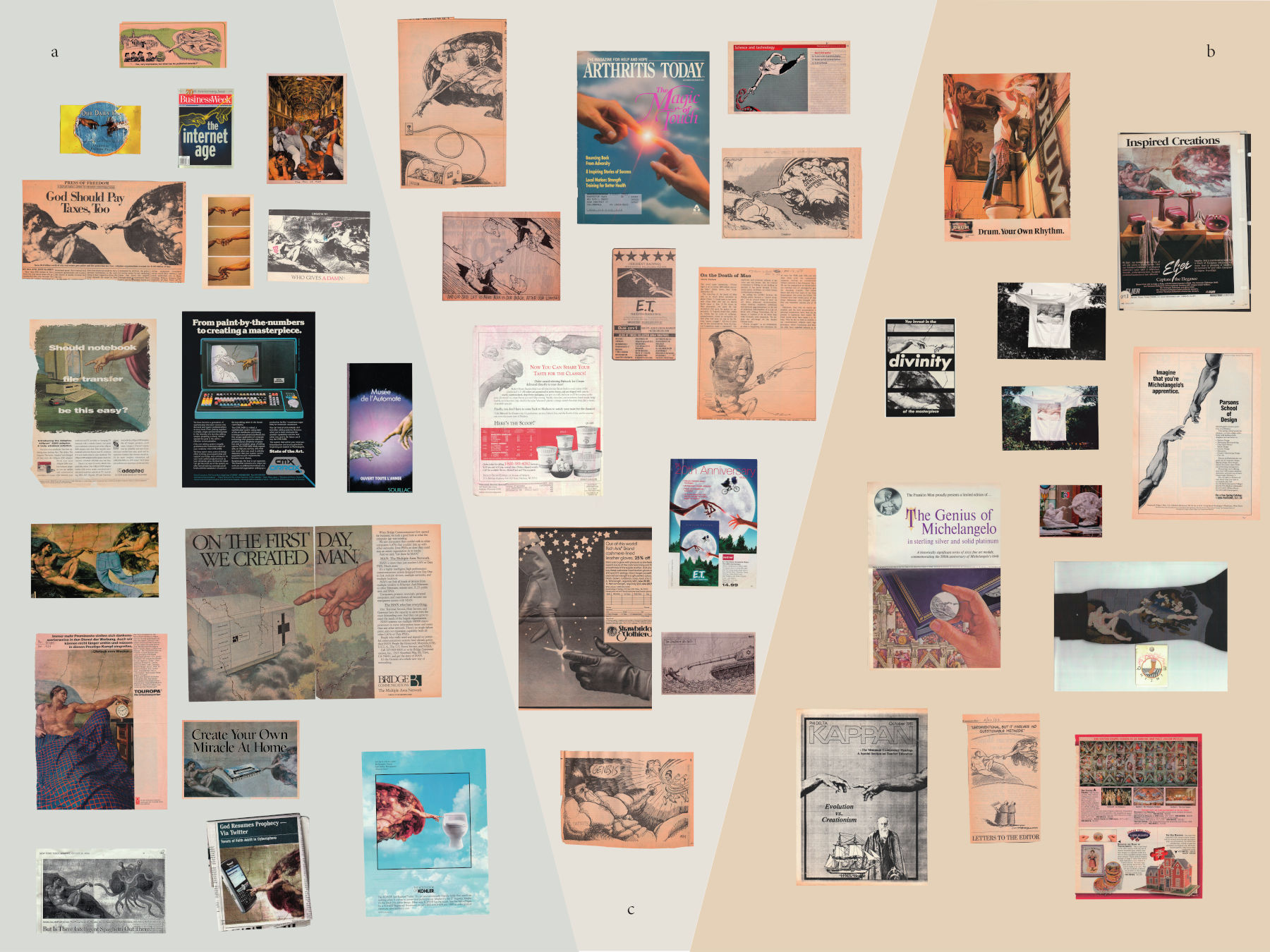 Atlas Steinberg, Auswahl von Lachnummern aus der Sammlung von Leo Steinberg (2025; verschiedene Größen und Materialien, Collage und Grafikdesign Pierandrea Villa Digitaldruck, 15 x 20 cm; Leo Steinberg Papers, Getty Research Institute, Los Angeles)