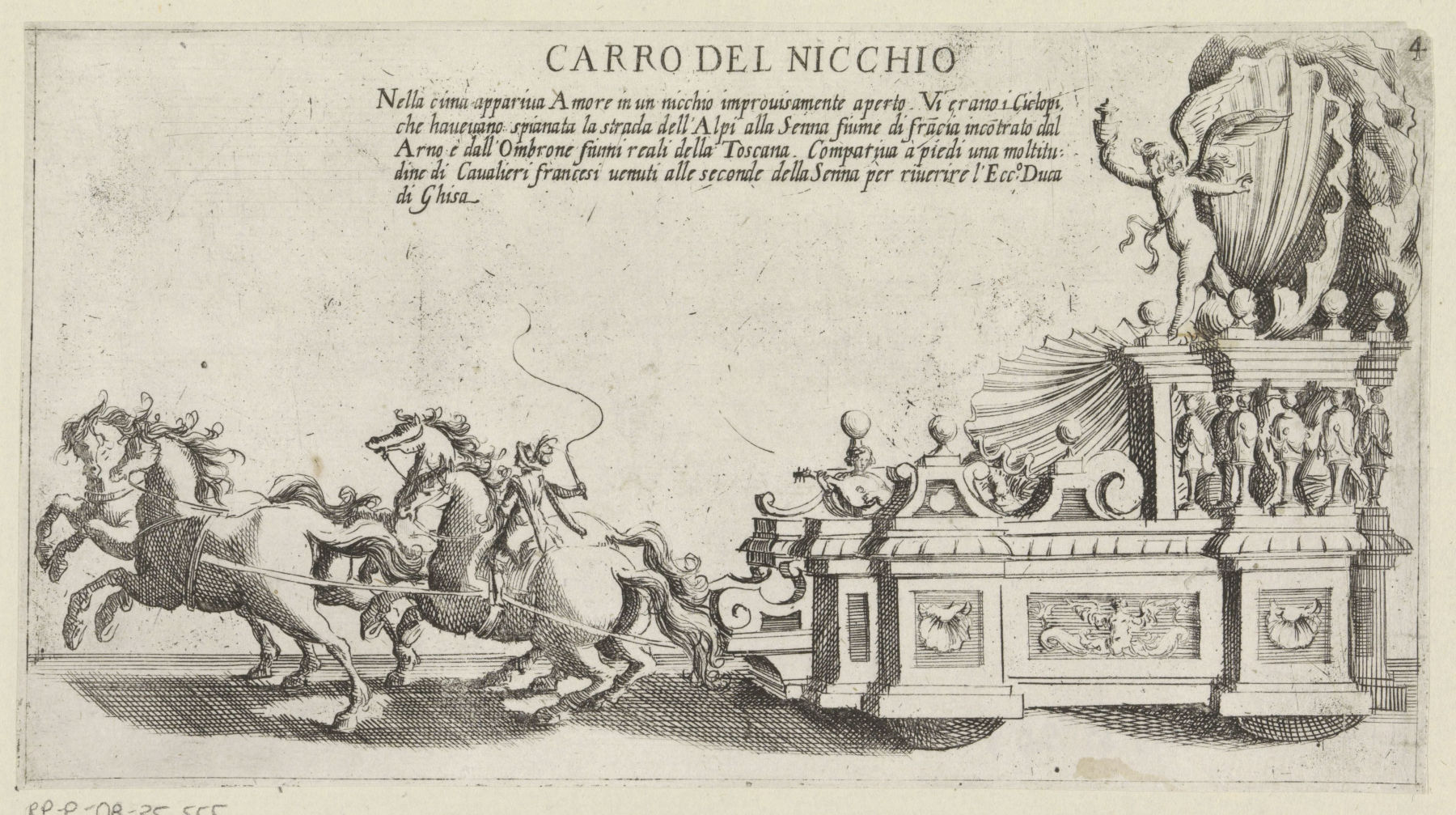 Bernardino Capitelli, Chariot triomphal du quartier siennois du Nicchio (1632 - 1640 ; gravure, 11,8 x 21,8 cm ; Amsterdam, Rijksmuseum) ©Rijksmuseum