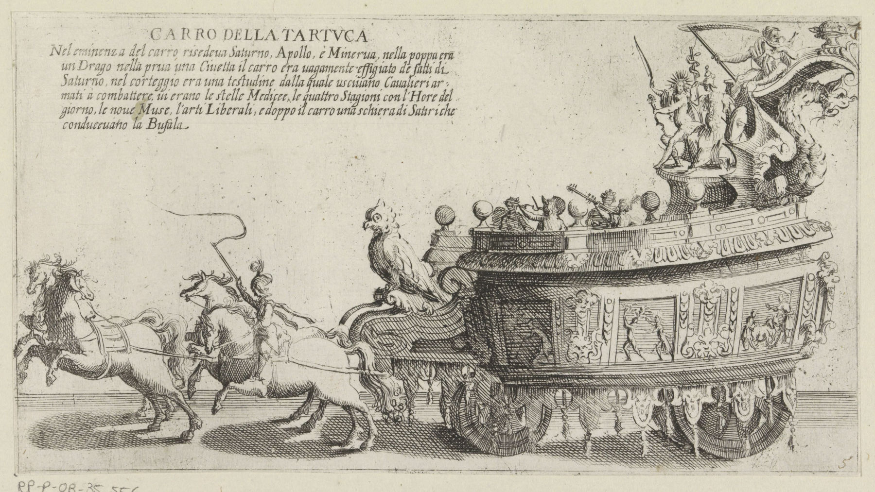 Bernardino Capitelli, Chariot triomphal du quartier siennois de la Tartuca (1632 - 1640 ; gravure, 11,8 x 21,6 cm ; Amsterdam, Rijksmuseum) ©Rijksmuseum
