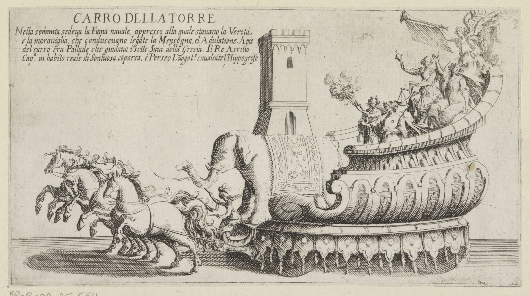 Bernardino Capitelli, Chariot de triomphe du quartier des tours de Sienne (1632 - 1640 ; gravure, 11,8 x 21,7 cm ; Amsterdam, Rijksmuseum) ©Rijksmuseum
