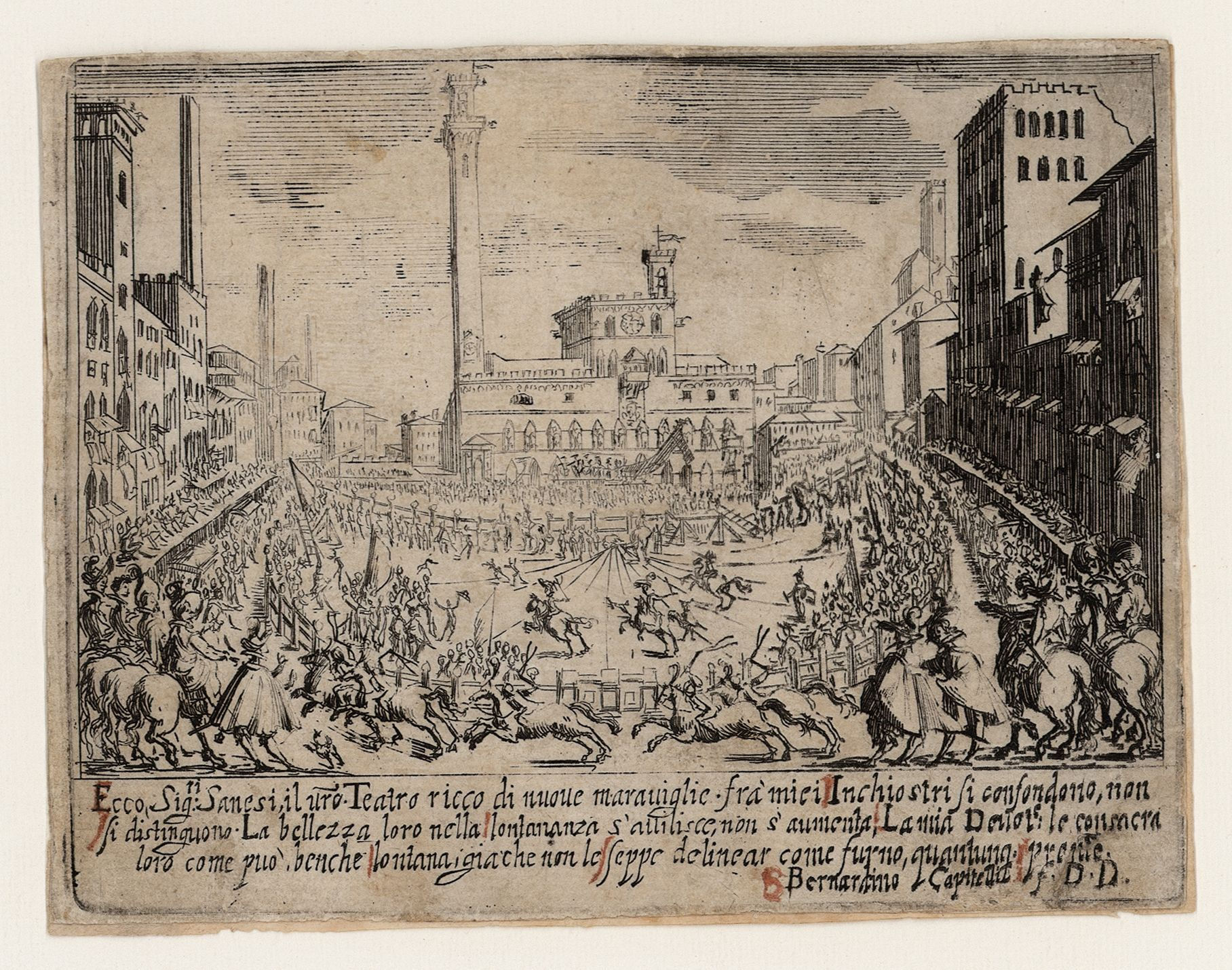 Bernardino Capitelli, Corsa di cavalli nella piazza del Campo di Siena (1633 ; eau-forte sur papier, 10,6 x 14 cm ; Sienne, Biblioteca Comunale degli Intronati di Siena) © Bibliothèque municipale des Intronati de Sienne