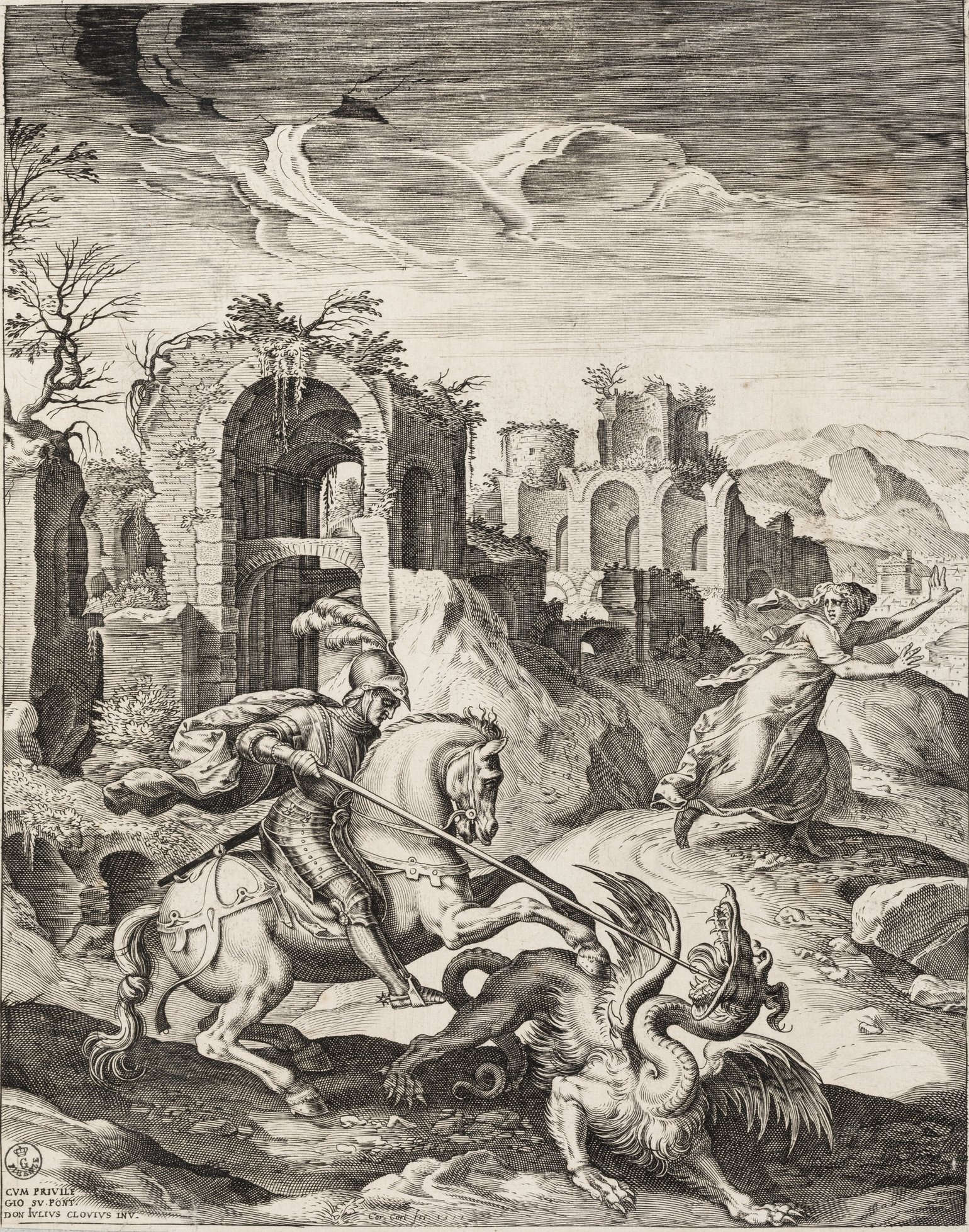 Cornelis Cort, nach Giulio Clovio, Der heilige Georg und der Drache (1577; Stichel; Florenz, Uffizien, Kabinett der Zeichnungen und Drucke)