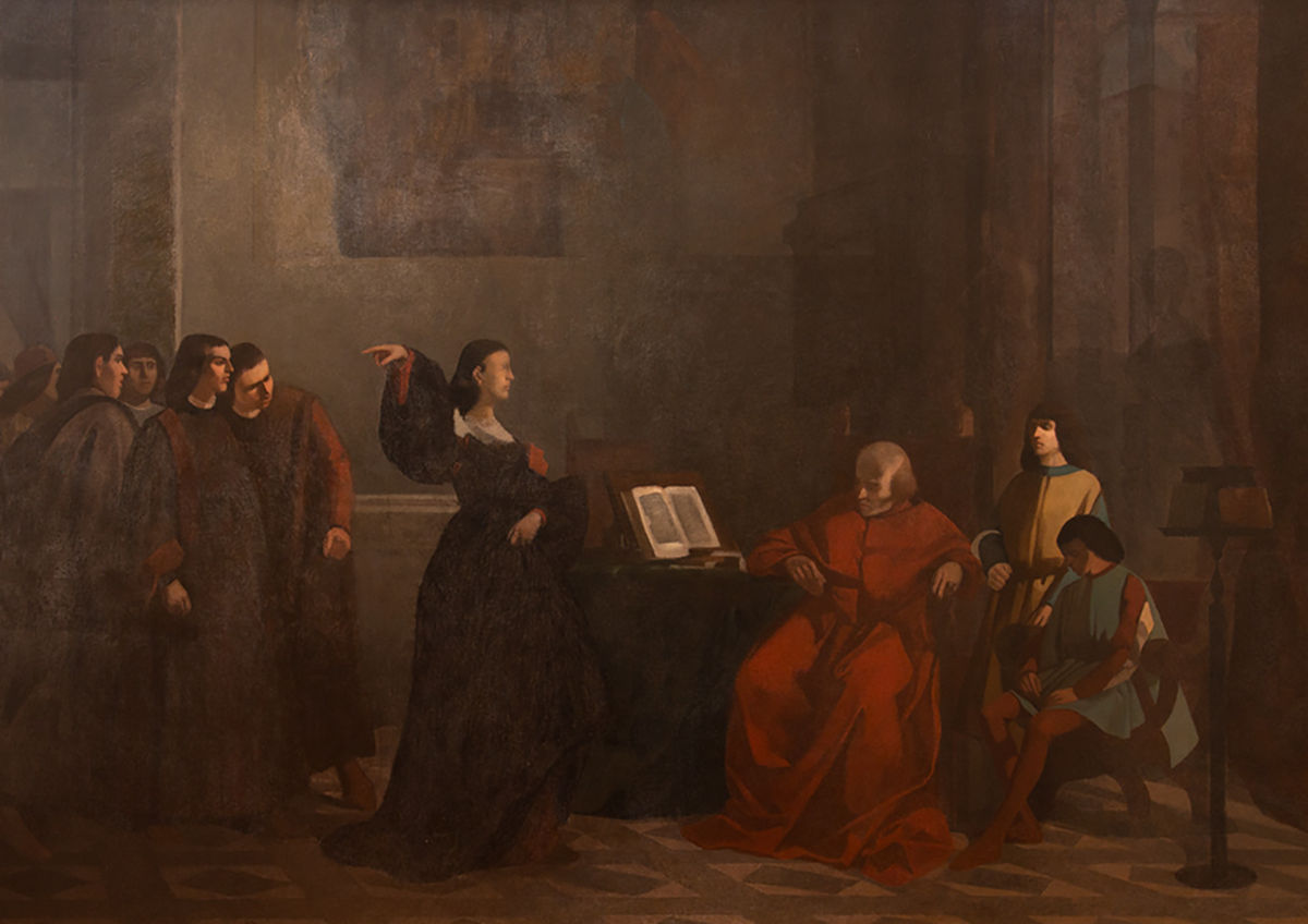 Giovanni Fattori, Escena de los Medici (Clarice Strozzi da instrucciones a Ippolito y Alessandro de' Medici para que abandonen Florencia) - reverso de la obra Un episodio de la batalla de Montebello 1859 (1857-59; óleo sobre lienzo, 204 × 290 cm) Foto: Museo civico G. Fattori