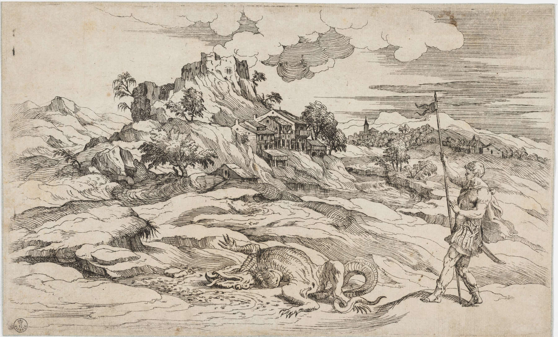 Giovanni Battista D'Agnolo, genannt del Moro, aus Tizian, Landschaft mit dem heiligen Theodor und dem Drachen (1560-1570; Radierung; Florenz, Uffizien, Kabinett der Zeichnungen und Drucke)