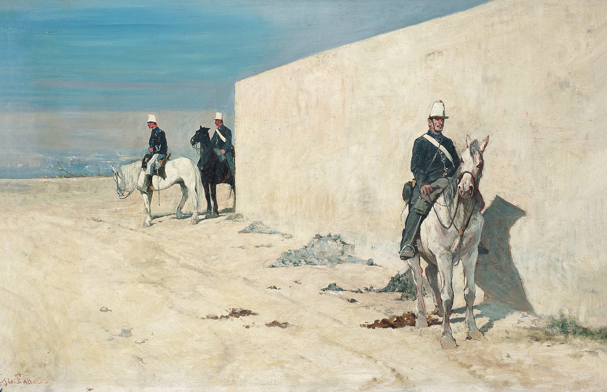 乔瓦尼-法托里，《白墙》（In vedetta）（约 1874 年；布面油画，34.5 x 54.5 厘米；特里西诺，马佐托 ETS 项目基金会，M343)