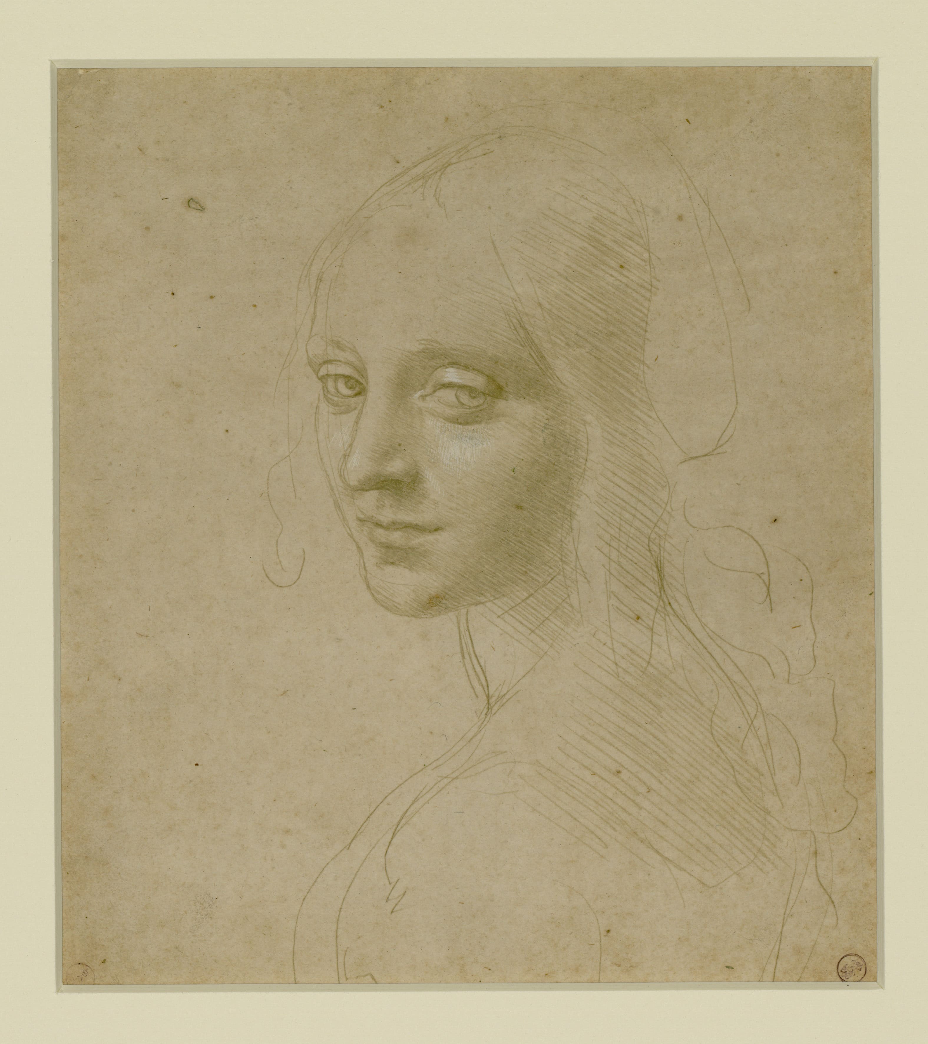 Leonardo da Vinci, Rostro de muchacha (estudio para el ángel de la Virgen de las Rocas) (c. 1478-1485; punta de metal y realces de plomo blanco sobre papel preparado, 18,2x16 cm). Por concesión del Mic - Musei Reali, Biblioteca Reale.