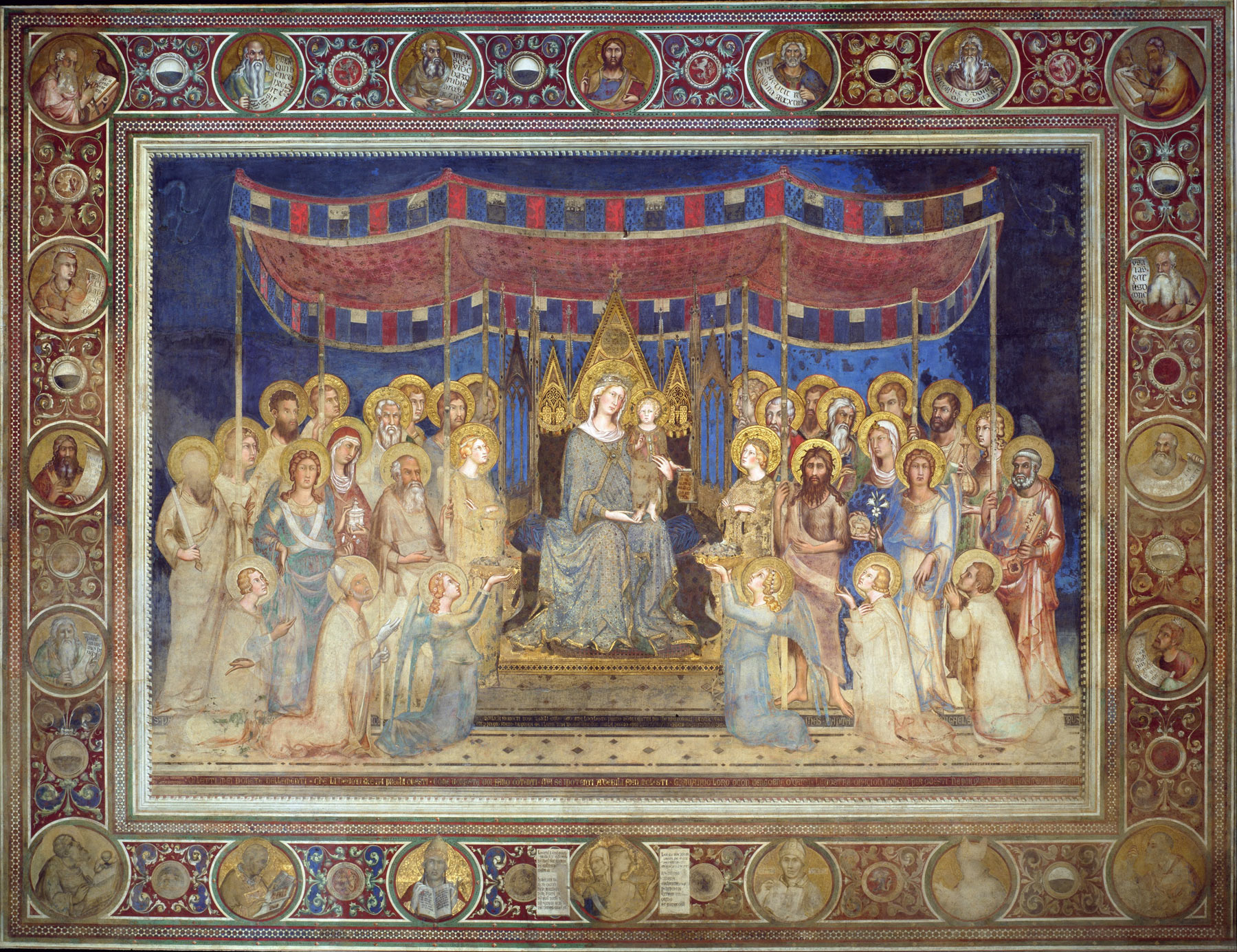 Simone Martini, Majesté (1312-1315 ; fresque et applications de divers matériaux, 763 x 970 cm ; Sienne, Palazzo Pubblico)