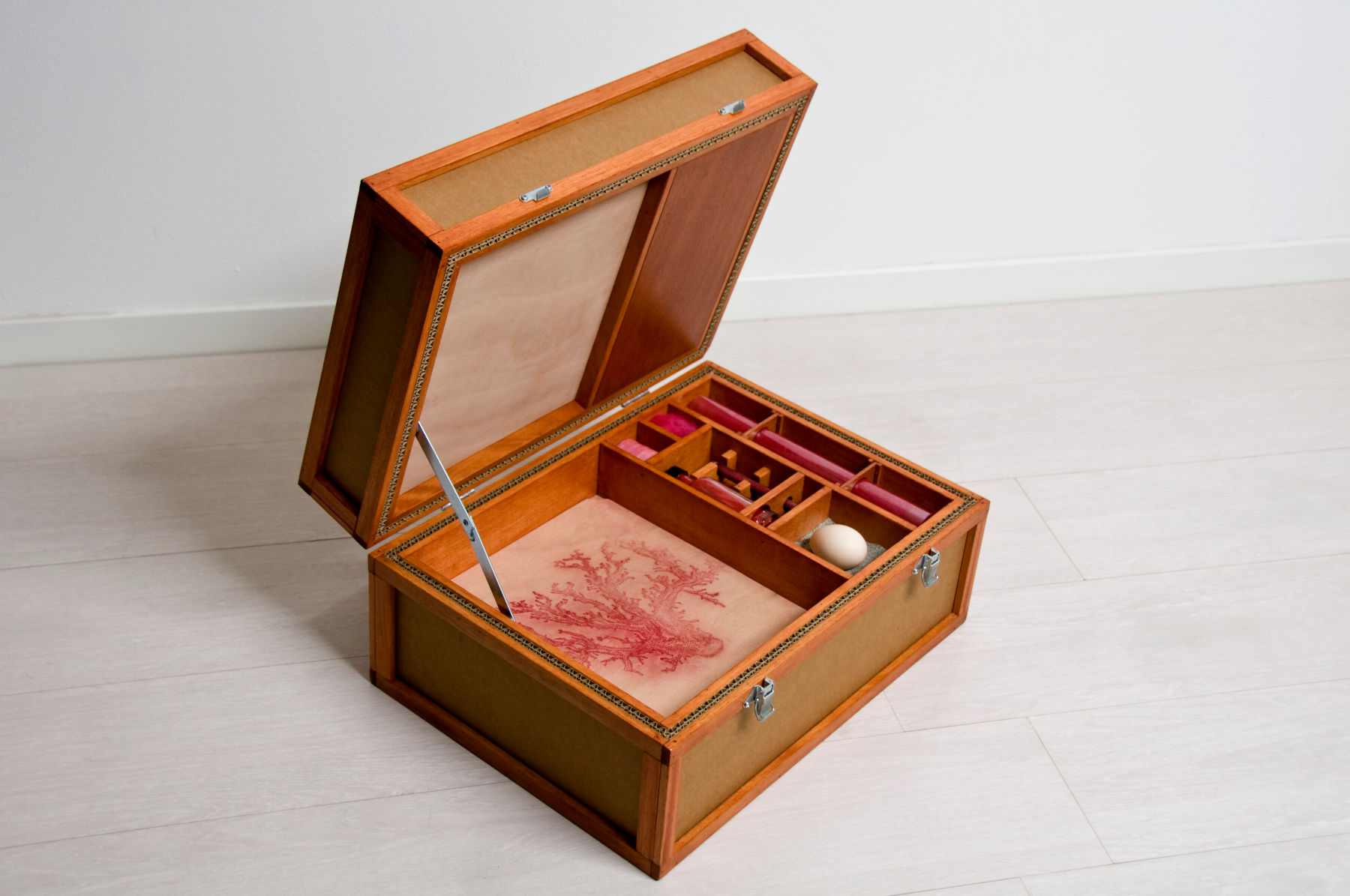 Marco Paganini, Inside 5 (2014; Acetat, Karton, Baumwolle, Holz, Pigment, Ahle, Sand, Ei, Glas - Koralle und Ei; 50 x 37 x 26 cm)