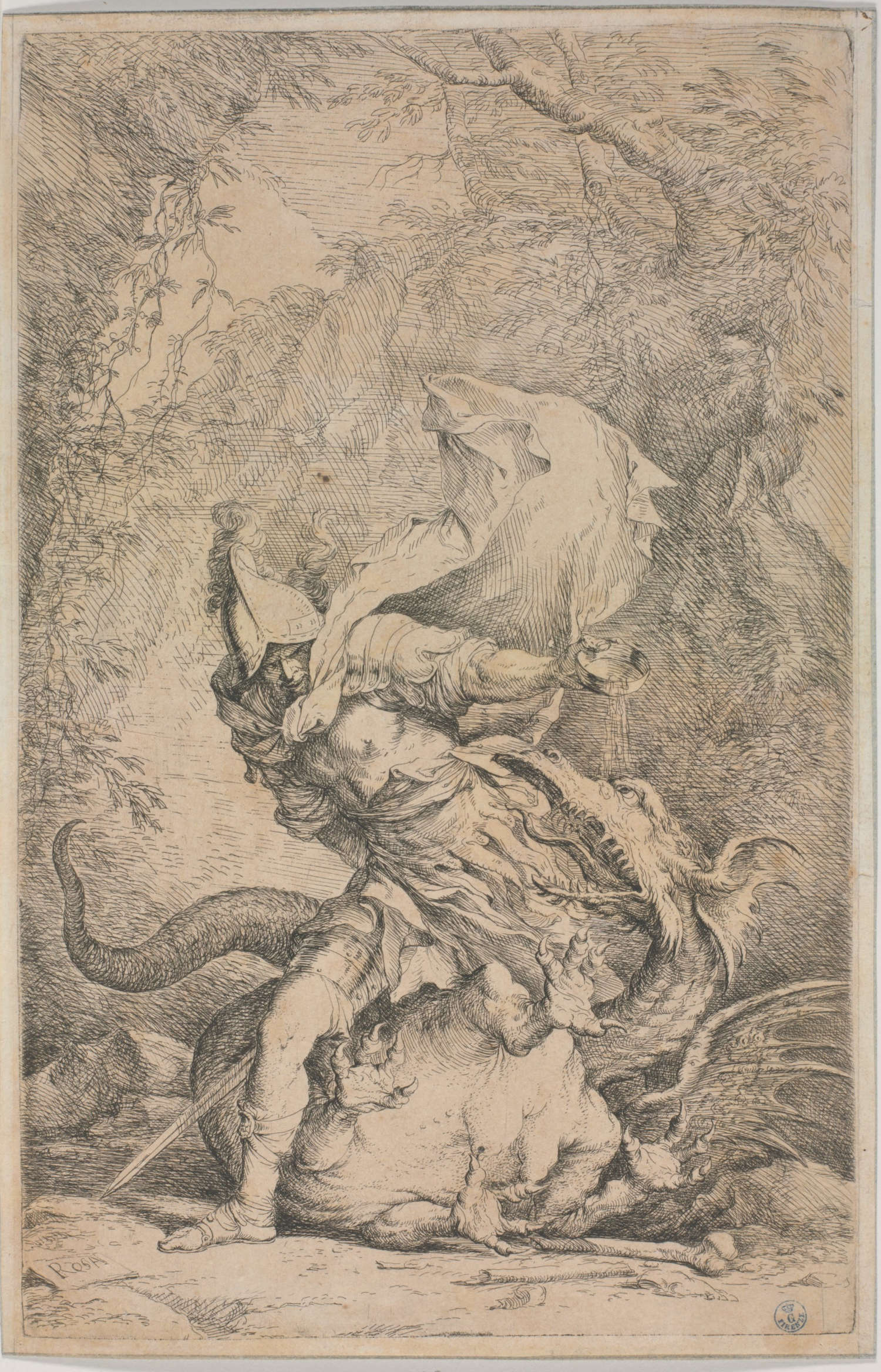 Salvator Rosa, Jason schläft den Drachen (1663-1664; Radierung und Kaltnadel; Florenz, Uffizien, Kupferstichkabinett)