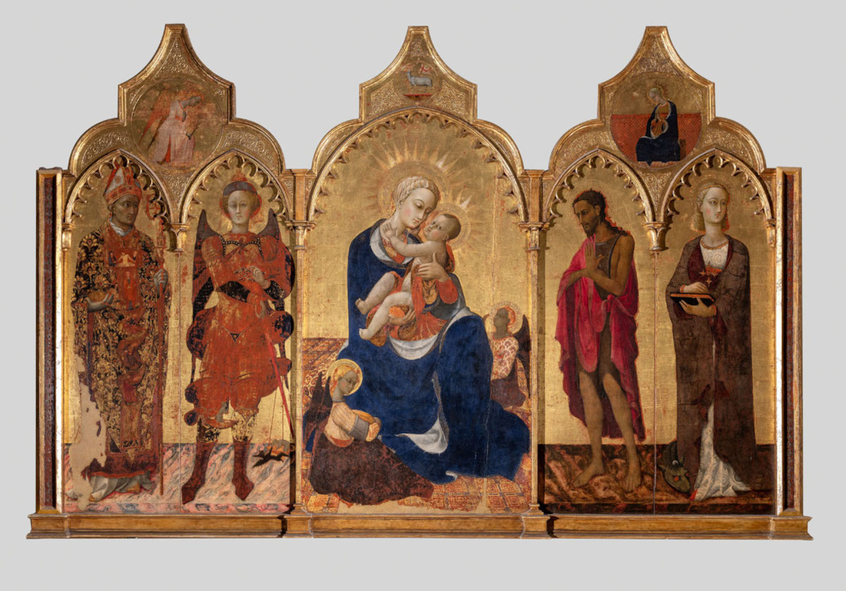 Stefano di Giovanni, genannt Sassetta, Madonna mit Kind und zwei Engeln; Nikolaus von Bari und Erzengel Michael; Johannes der Täufer und die heilige Margareta (um 1435; Tempera und Gold auf Tafel, 134 × 244 cm; Cortona, Museo Diocesano)