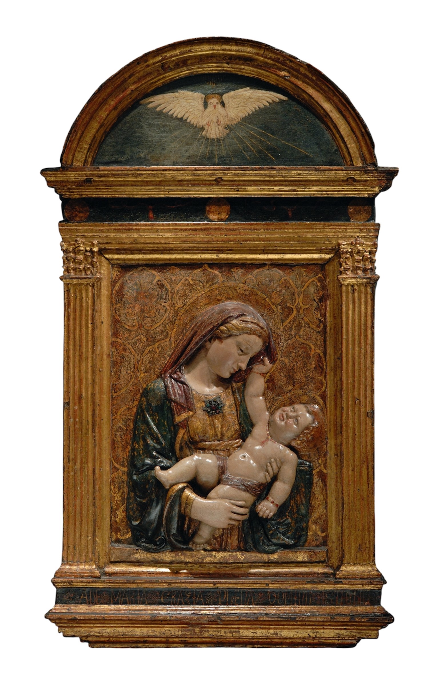 Andrea di Lazzaro Cavalcanti, genannt Buggiano - Adoptivsohn von Filippo Brunelleschi, Madonna mit Kind (um 1435-1440; bemaltes und vergoldetes Stuckbasrelief - im Tabernakelrahmen; 126,1 cm)