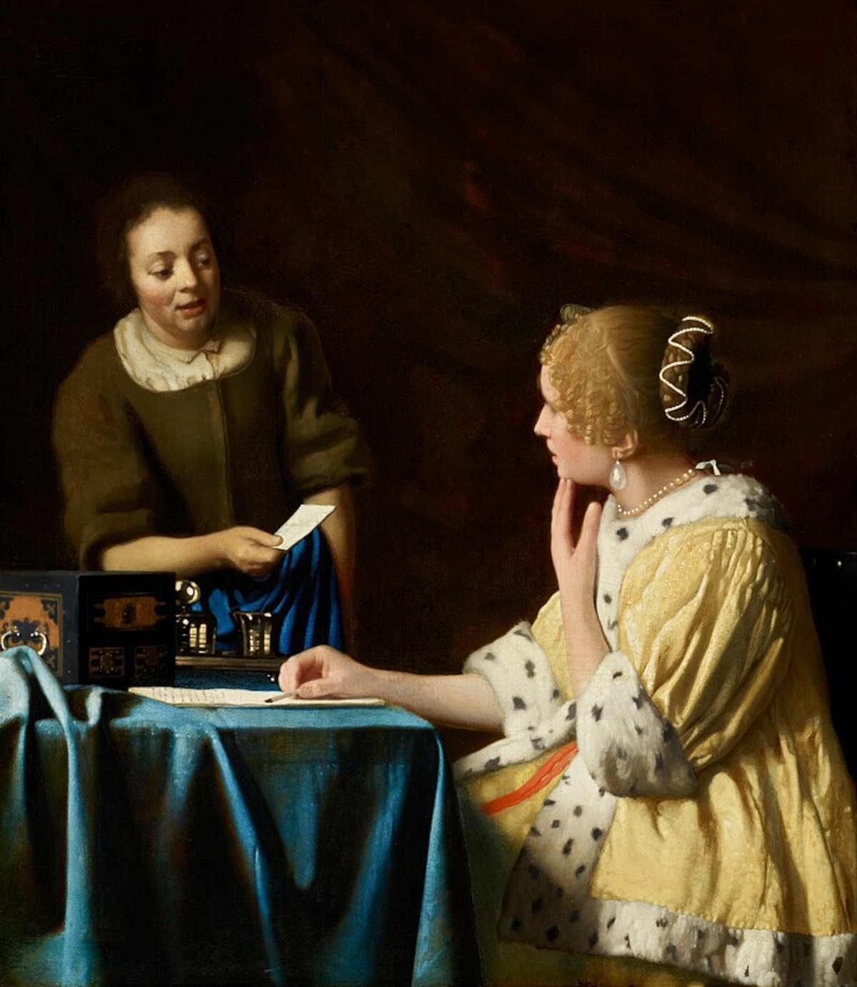 约翰内斯-维米尔，《情妇与女仆》（约 1664 - 1667 年；布面油画，90.2 x 78.7 厘米；纽约，弗里克收藏馆）