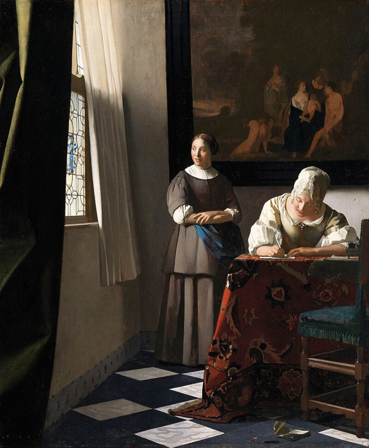约翰内斯-维米尔，《写信的女士和她的女仆》（约 1670 - 1672 年；布面油画，71.1 x 60.5 厘米；都柏林，爱尔兰国家美术馆）