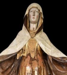 Carved and painted wooden Madonna of Mercy from Camerino restored 