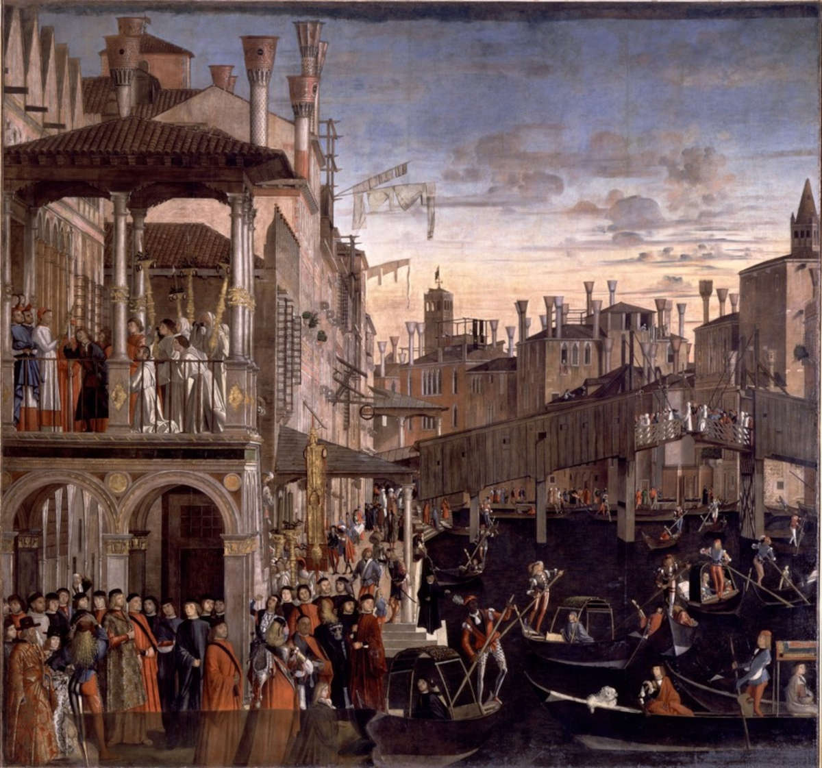 Vittore Carpaccio, Das Wunder der Kreuzreliquie an der Rialto-Brücke (um 1496; Leinwand, 371 x 392 cm; Venedig, Gallerie dell'Accademia)