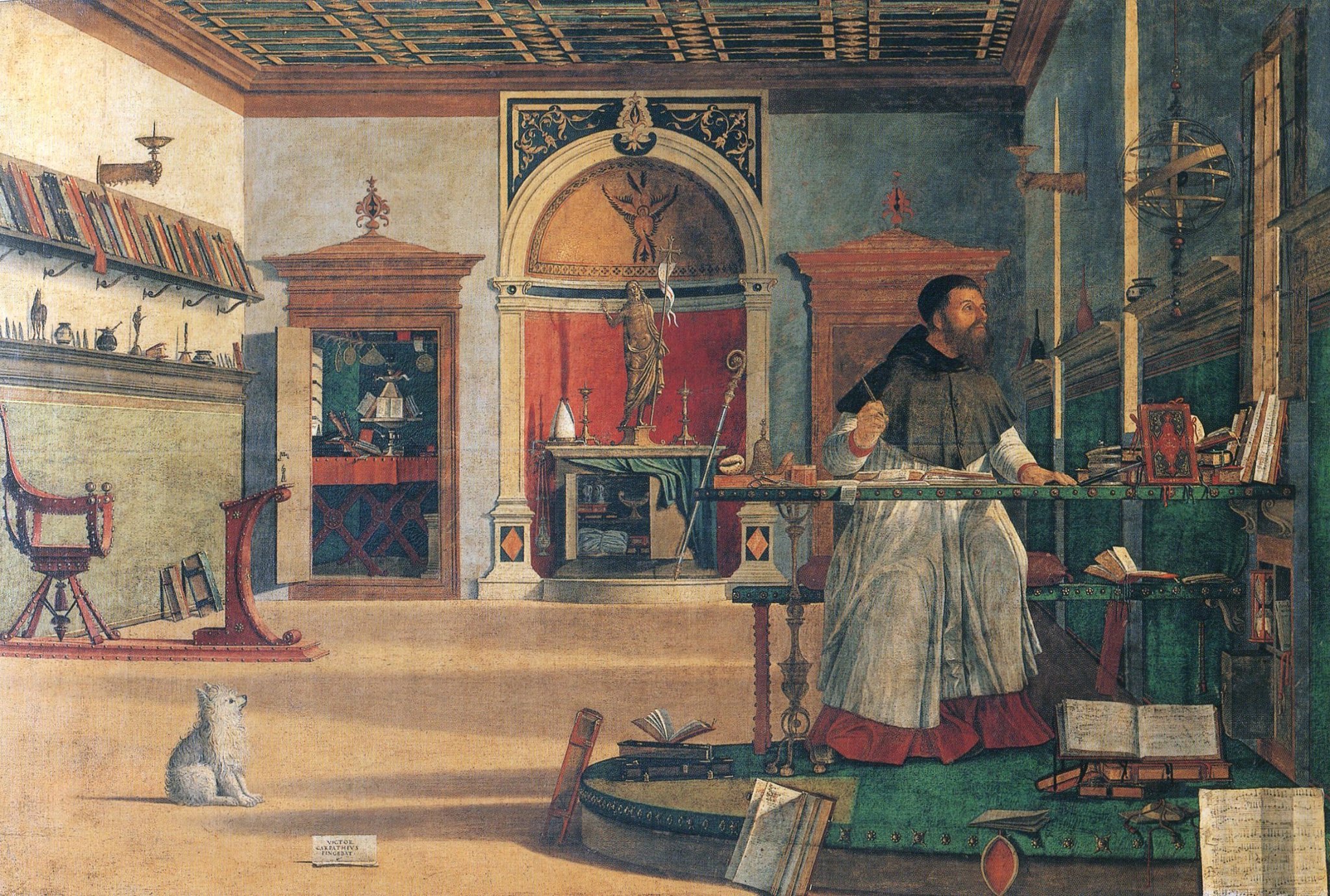 Vittore Carpaccio, Vision des heiligen Augustinus (1502; Öl auf Leinwand, 141 x 210 cm; Venedig, Schule von San Giorgio degli Schiavoni)