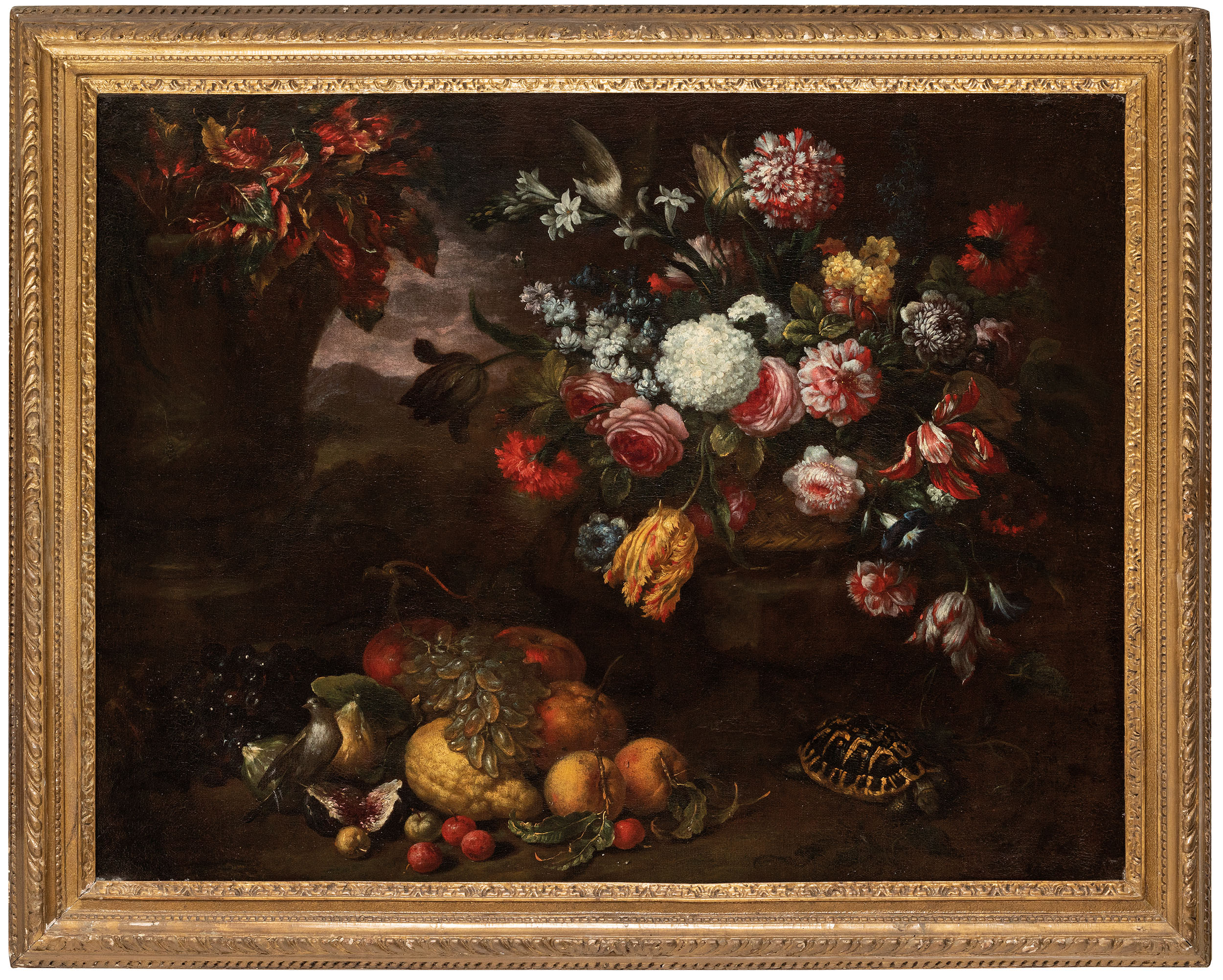 Bartolomeo Bimbi, Nature morte avec fleurs, fruits et tortue (huile sur toile, 77,5 x 102 cm ; collection privée)