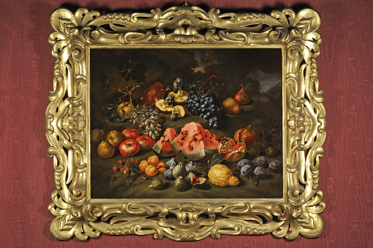 Bartolomeo Bimbi, Nature morte aux fruits et aux champignons (huile sur toile ; Poggio a Caiano, Villa Medicea, Museo della Natura Morta)