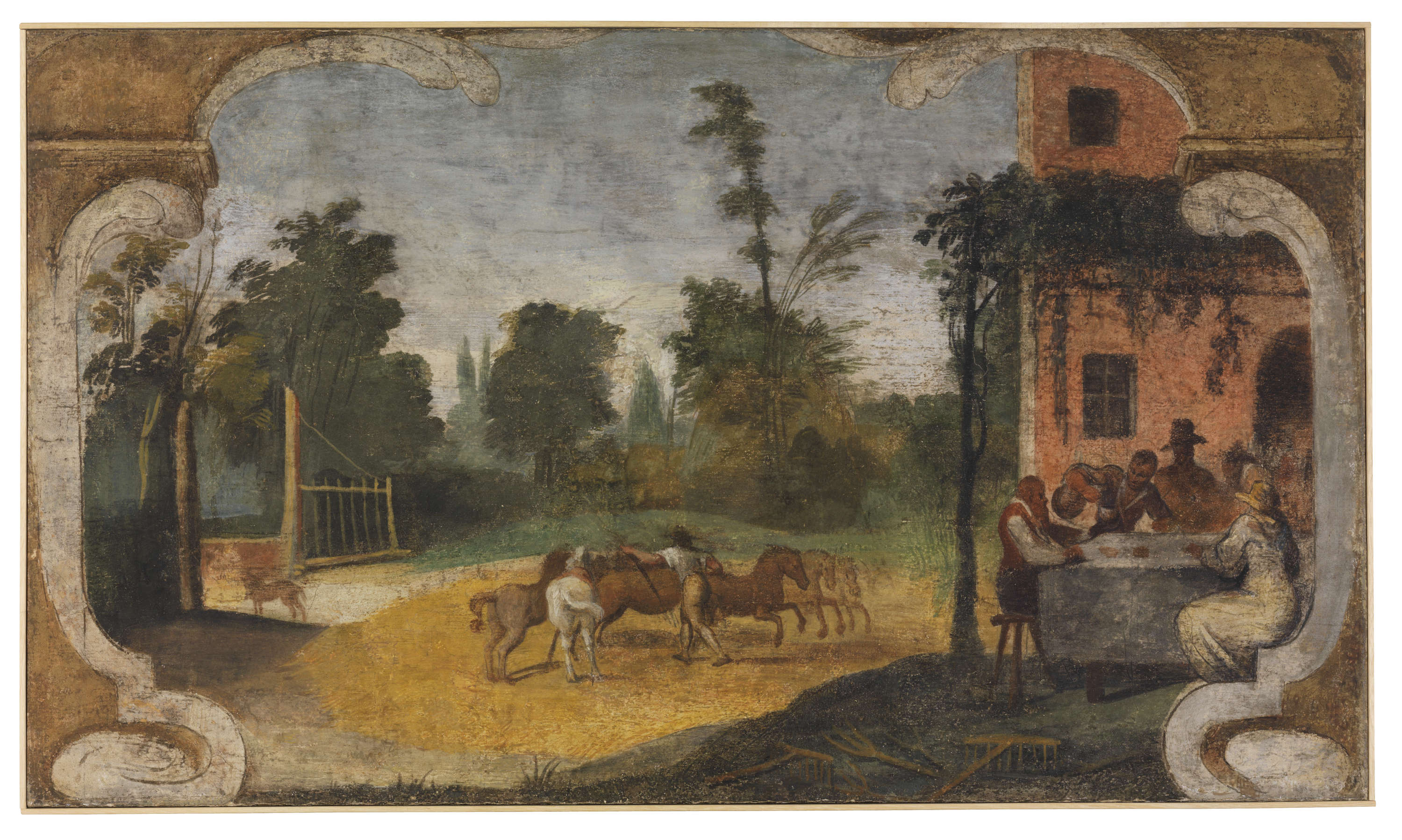 Guercino, Pinturas murales de la Casa Pannini, Patio de una residencia rural con trilla de trigo y gente celebrando (h. 1615-1617; fresco trasladado al lienzo, 66 &times; 114 cm; Cento, Pinacoteca Cívica) &copy; Ayuntamiento de Cento, por amable concesión