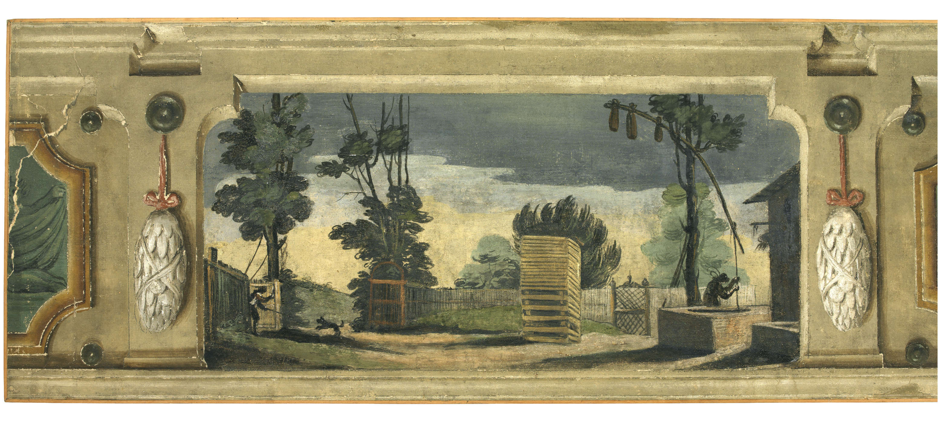 Guercino, Pinturas murales de la Casa Chiarelli, antes Benotti, «Patio rural con pozo, pila de leña y un perro que se encuentra con una persona en la verja» (hacia 1617; fresco trasladado al lienzo, 76 &times; 251 cm; Cento, Pinacoteca Cívica) &copy; Ayuntamiento de Cento, por amable concesión