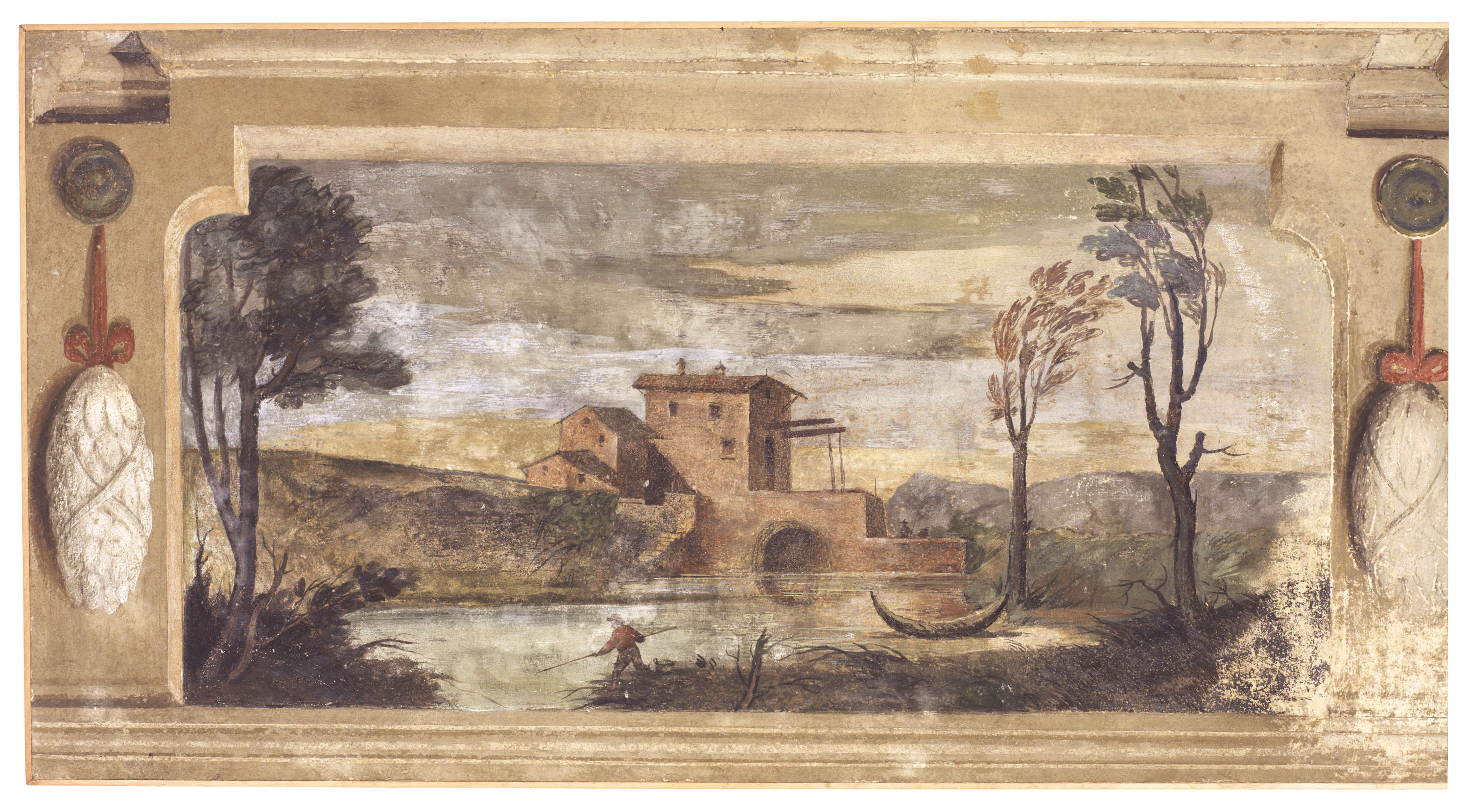 Guercino, Pinturas murales de la Casa Chiarelli, antes Benotti, Paisaje campestre con curso de agua, pescador y edificio con puente levadizo (hacia 1617; fresco trasladado al lienzo, 76 &times; 226 cm; Cento, Pinacoteca Cívica) &copy; Ayuntamiento de Cento, por amable concesión