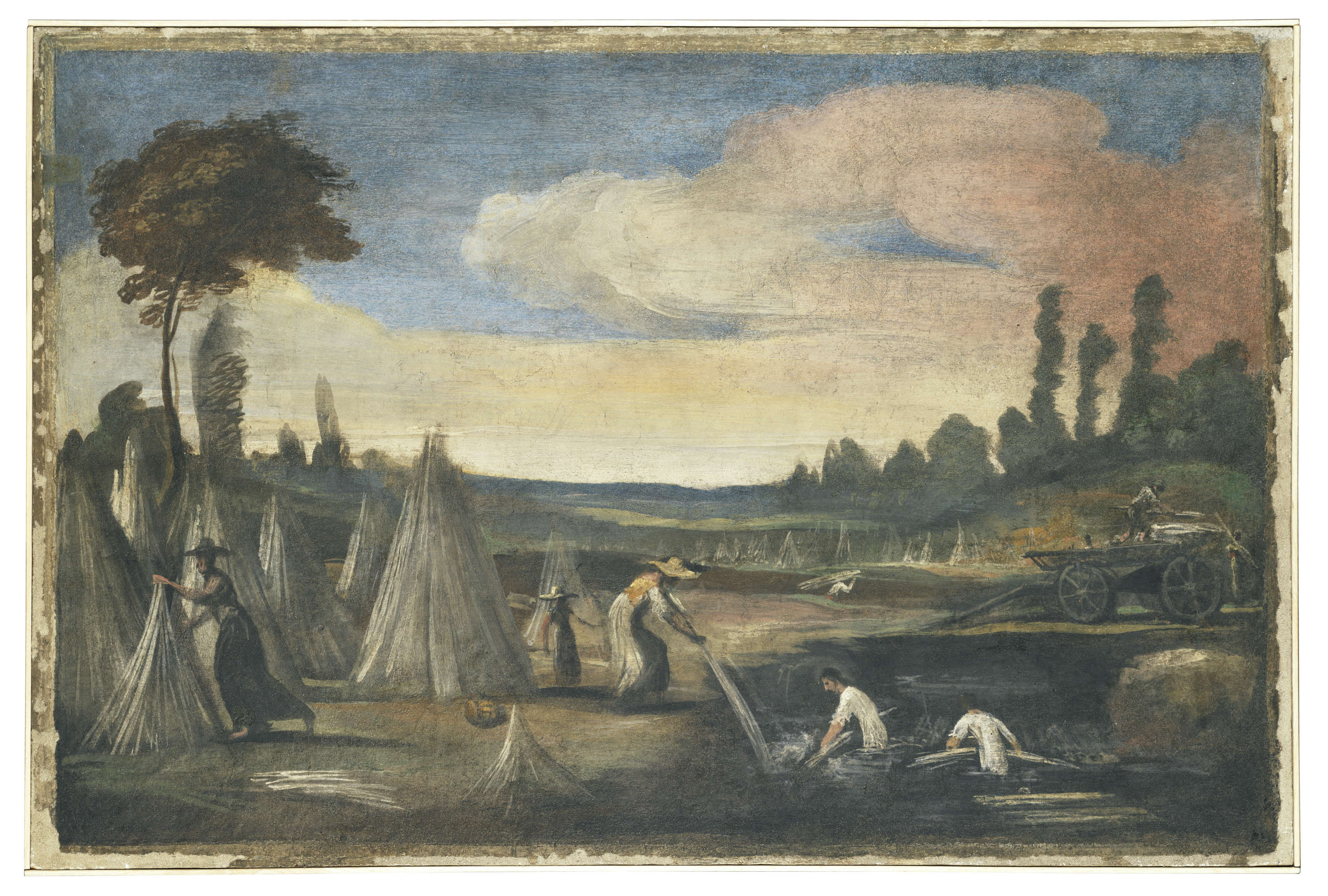 Guercino, Pinturas murales de la Casa Pannini, Paisaje campestre con la extracción del cáñamo de un macero (h. 1615-1617; fresco trasladado al lienzo, 72 &times; 108 cm; Cento, Pinacoteca Cívica) &copy; Ayuntamiento de Cento, por amable concesión