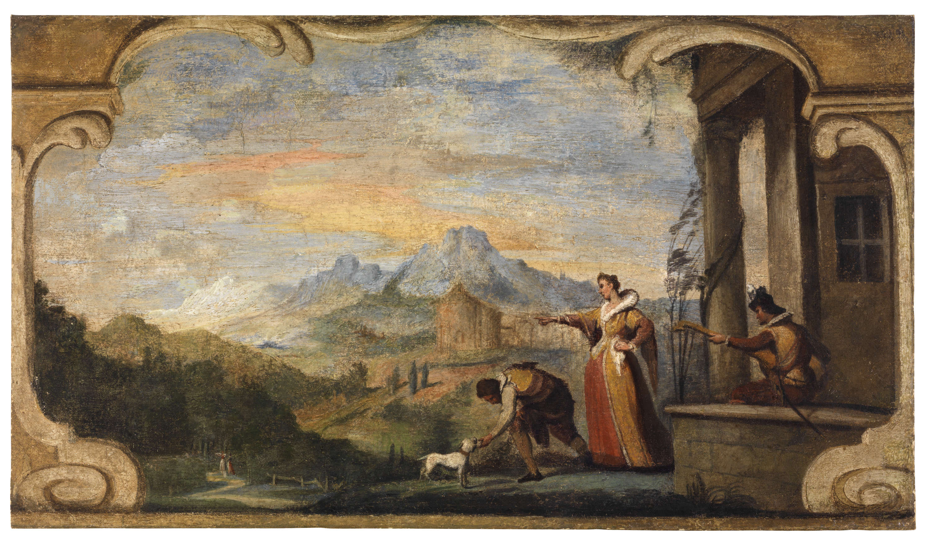 Guercino, Pinturas murales de la Casa Pannini, Paisaje con una figura femenina y dos caballeros junto a un pórtico (hacia 1615-1617; fresco trasladado al lienzo, 67 &times; 118 cm; Cento, Pinacoteca Cívica) &copy; Ayuntamiento de Cento, por amable concesión