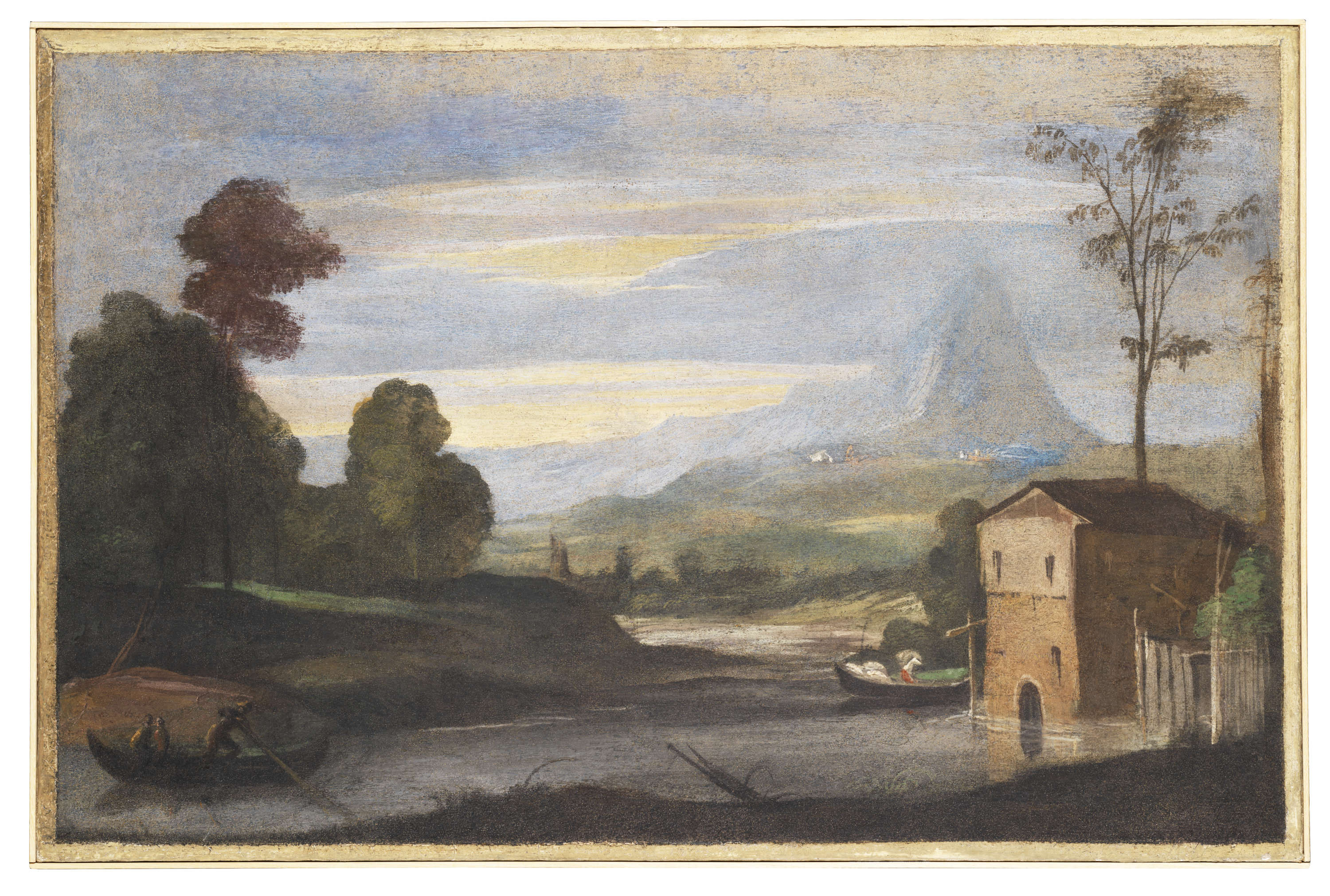 Guercino, Pinturas murales de la Casa Pannini, Paisaje con río, dos barcas y un molino (hacia 1615-1617; fresco trasladado al lienzo, 72 &times; 109 cm; Cento, Pinacoteca Cívica) &copy; Ayuntamiento de Cento, por amable concesión