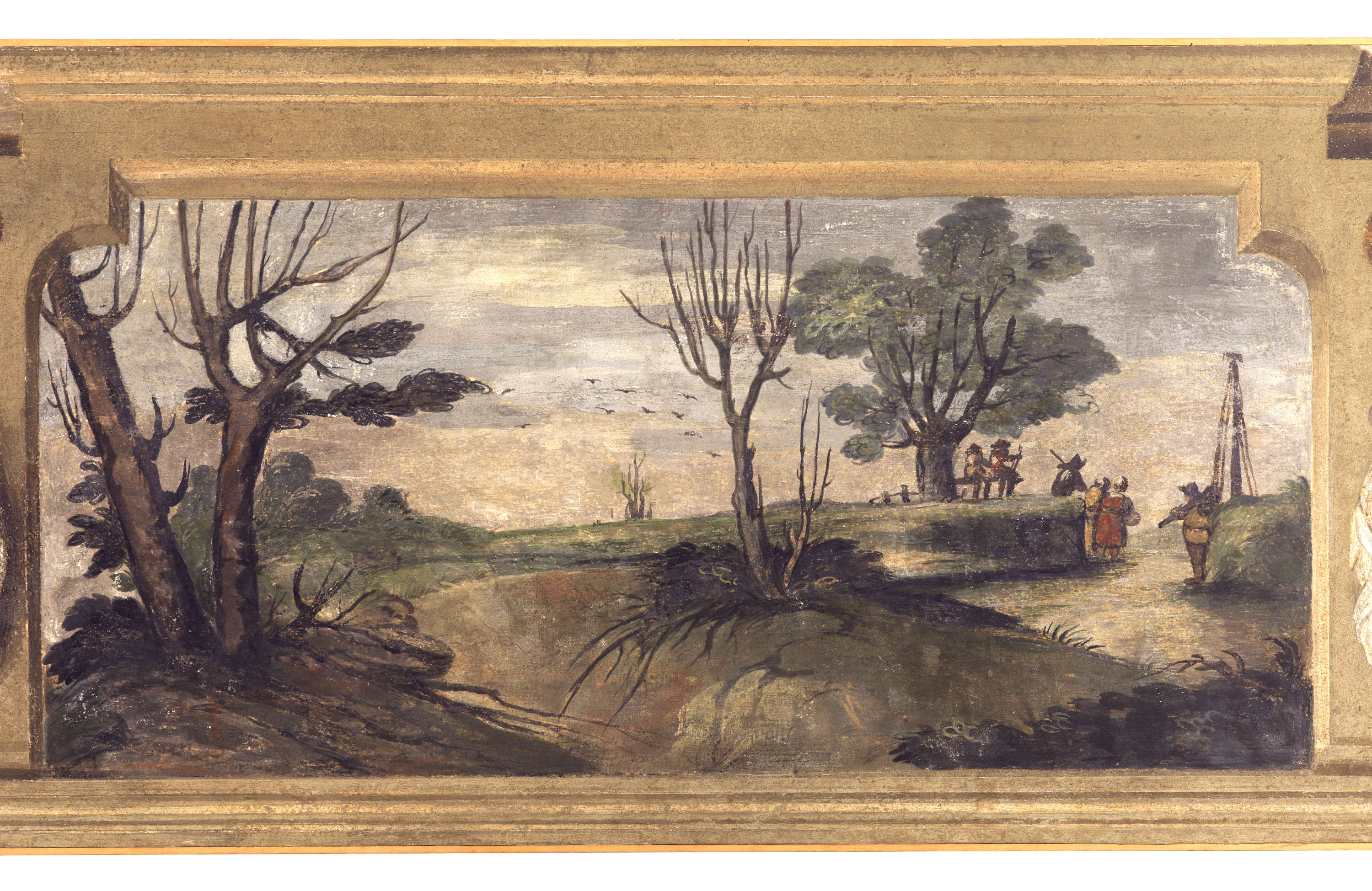 Guercino, Pinturas murales de la Casa Chiarelli, antes Benotti, Vista campestre con árboles, un curso de agua y viajeros que esperan para subir a una embarcación (hacia 1617; fresco trasladado al lienzo, 76 &times; 226 cm; Cento, Pinacoteca Cívica) &copy; Ayuntamiento de Cento, por amable concesión