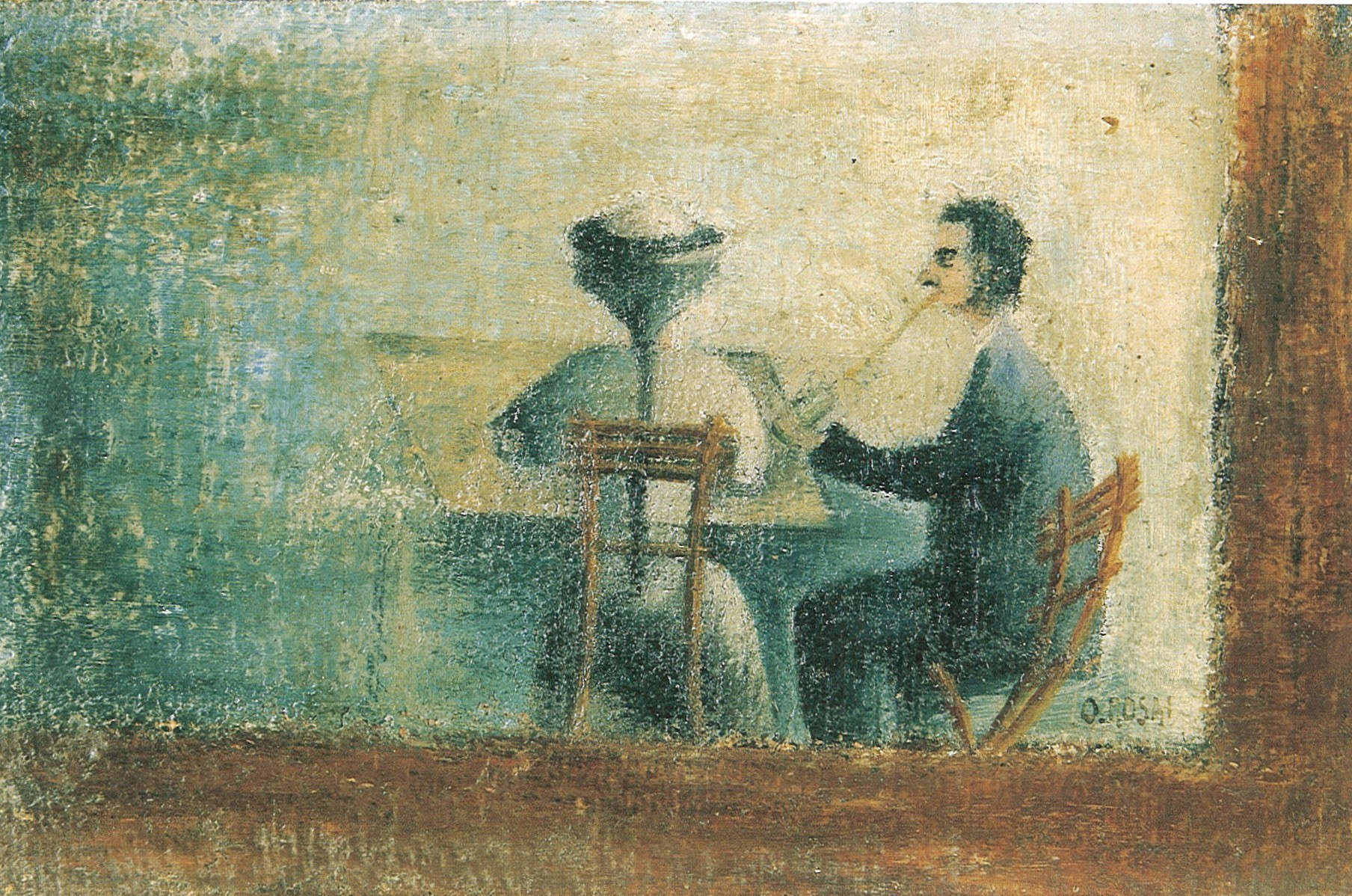Ottone Rosai, Les fiancés (Couple au café) (1919-1920 ; huile sur toile, 15 x 24 cm ; Florence ; collection privée)