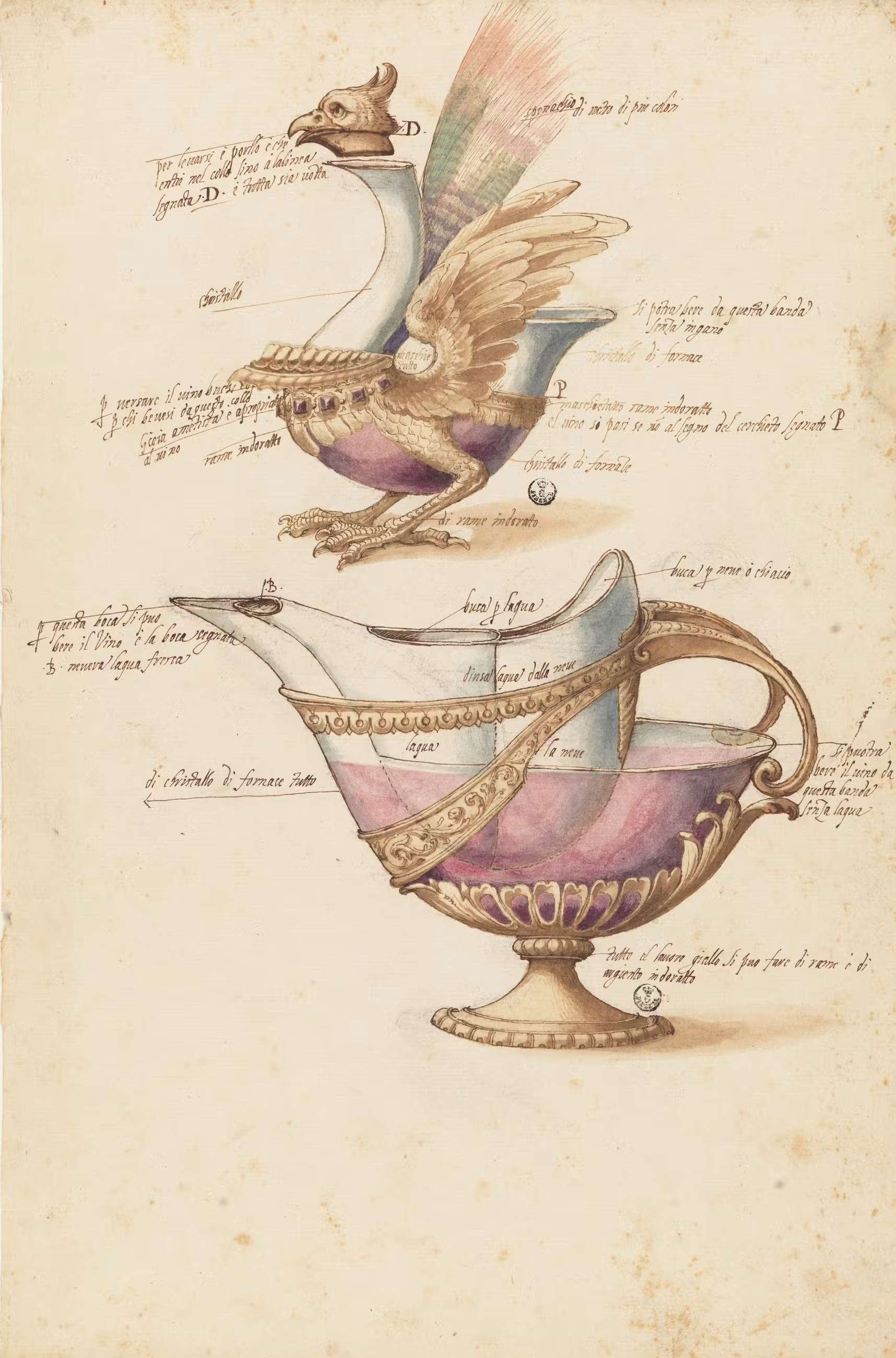Jacopo Ligozzi, Designs for Capriccio Glasses (1617–1618; pen and ink, diluted ink, polychrome pigments of natural origin, 430 x 285 mm; Florence, Uffizi Galleries, Department of Drawings and Prints, inv. no. 97186)