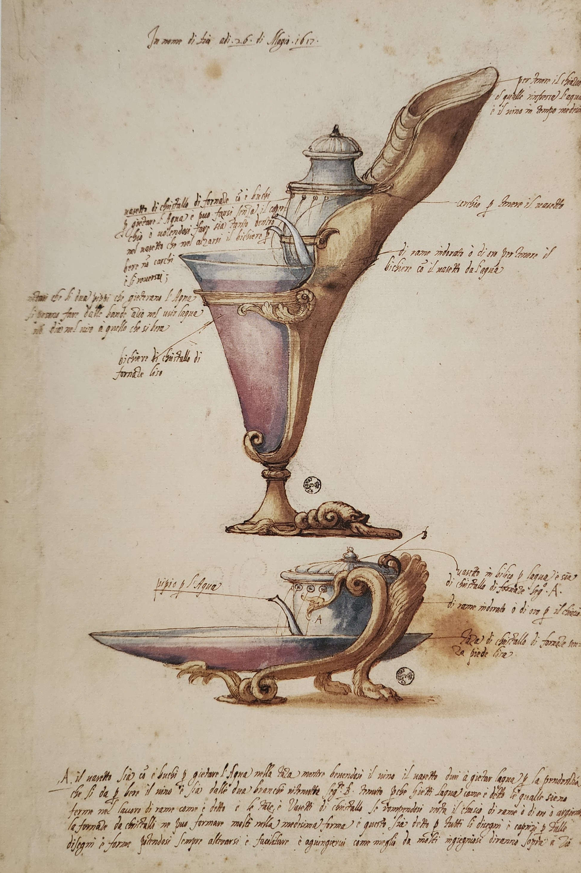 Jacopo Ligozzi, Designs for Capriccio Glasses (1617–1618; pen and ink, diluted ink, polychrome pigments of natural origin, 430 x 287 mm; Florence, Uffizi Galleries, Department of Drawings and Prints, inv. no. 97183)