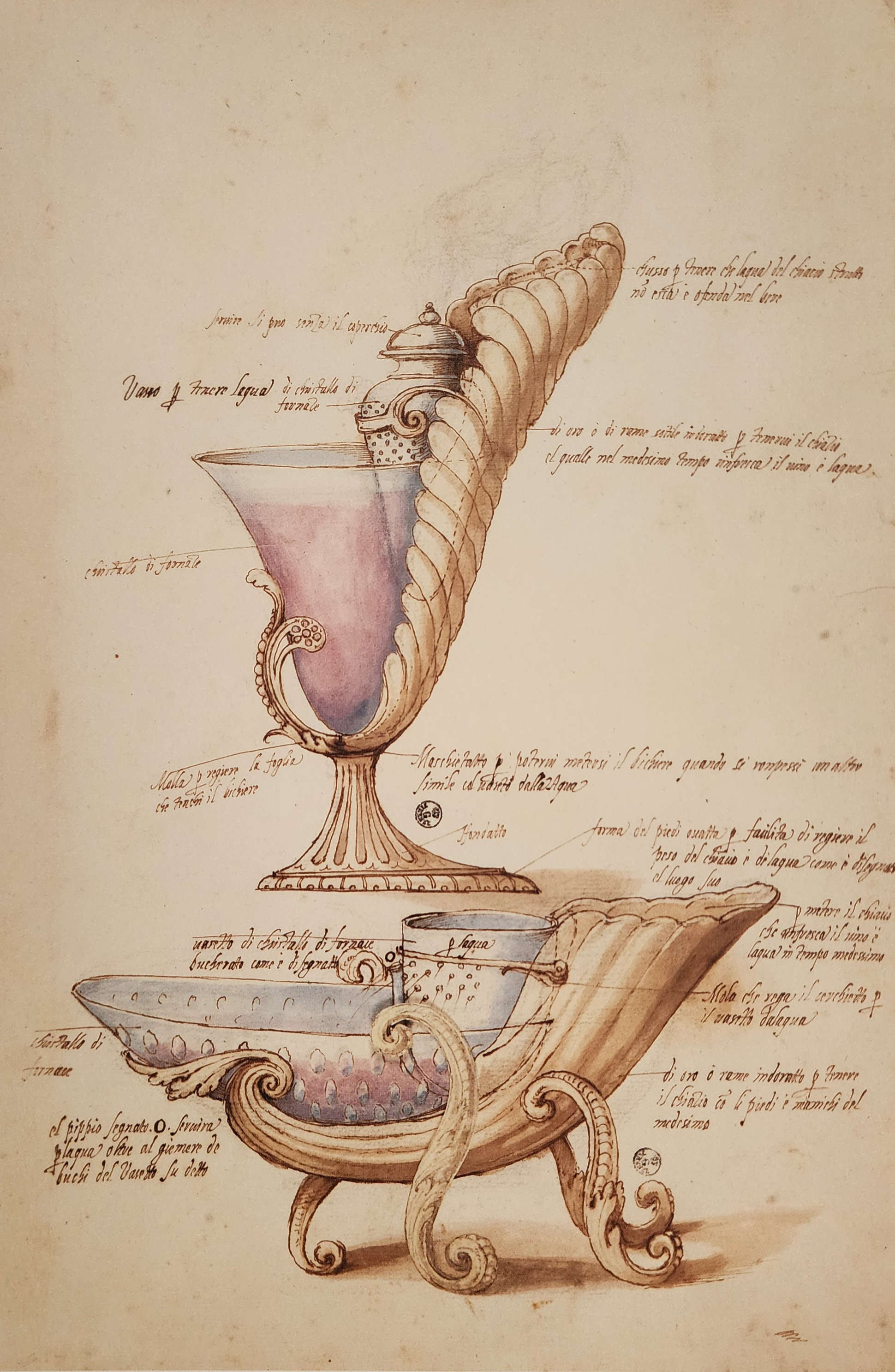 Jacopo Ligozzi, Designs for Capriccio Glasses (1617–1618; pen and ink, diluted ink, polychrome pigments of natural origin, traces of black stone, 430 x 287 mm; Florence, Uffizi Galleries, Department of Drawings and Prints, inv. no. 97184)
