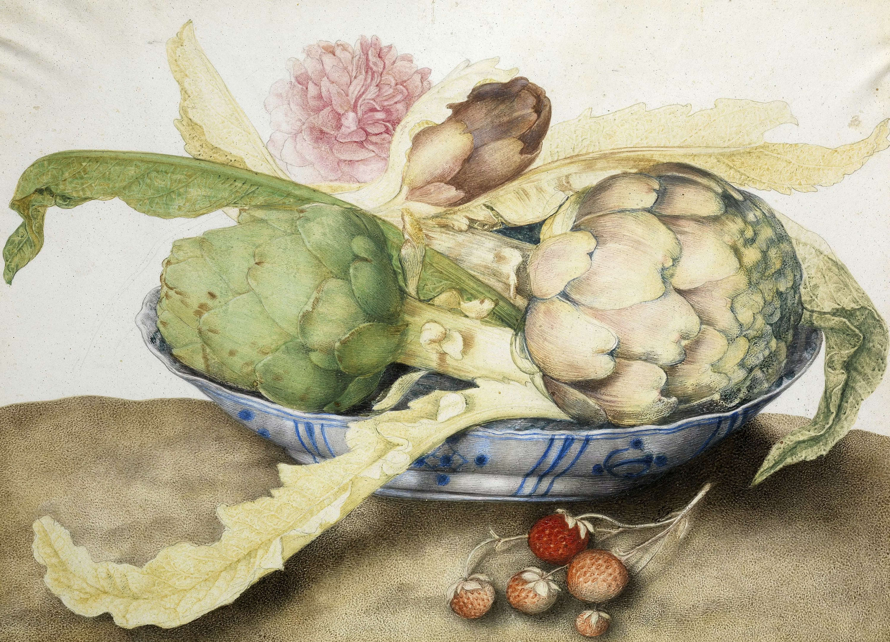 Giovanna Garzoni, Chinese Bowl with Artichokes and Strawberries (c. 1655&ndash;1662; tempera on parchment, 23.5 x 38.5 cm; Florence, Uffizi Galleries, Palatine Gallery, inv. 1890, no. 4760)