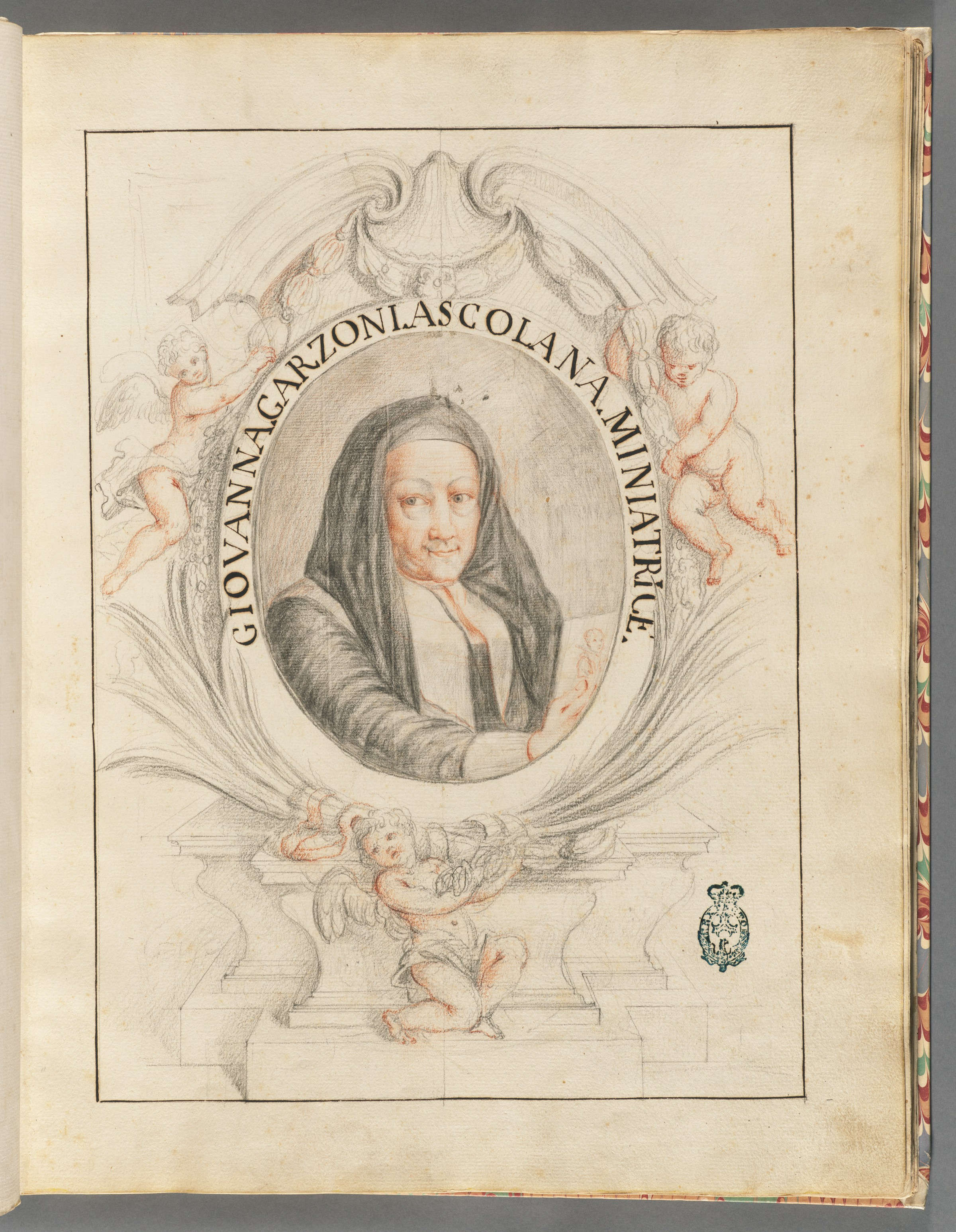 Pier Leone Ghezzi (attrib.), Portrait of Giovanna Garzoni, from the *Piante Varie* manuscript (Washington, D.C., Dumbarton Oaks Research Library, ms. G-3-3)