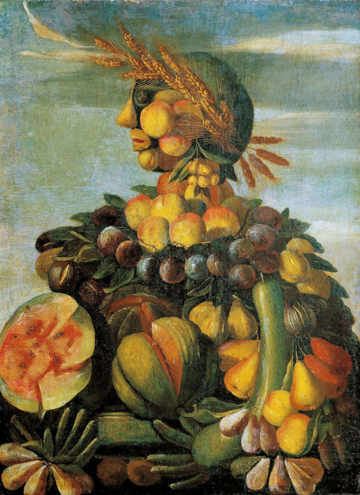 Ein Schüler von Giuseppe Arcimboldo, Stillleben mit Früchten oder Der Sommer (1575–1599; Öl auf Leinwand; Florenz, Palazzo Bardini, Galleria Corsi)