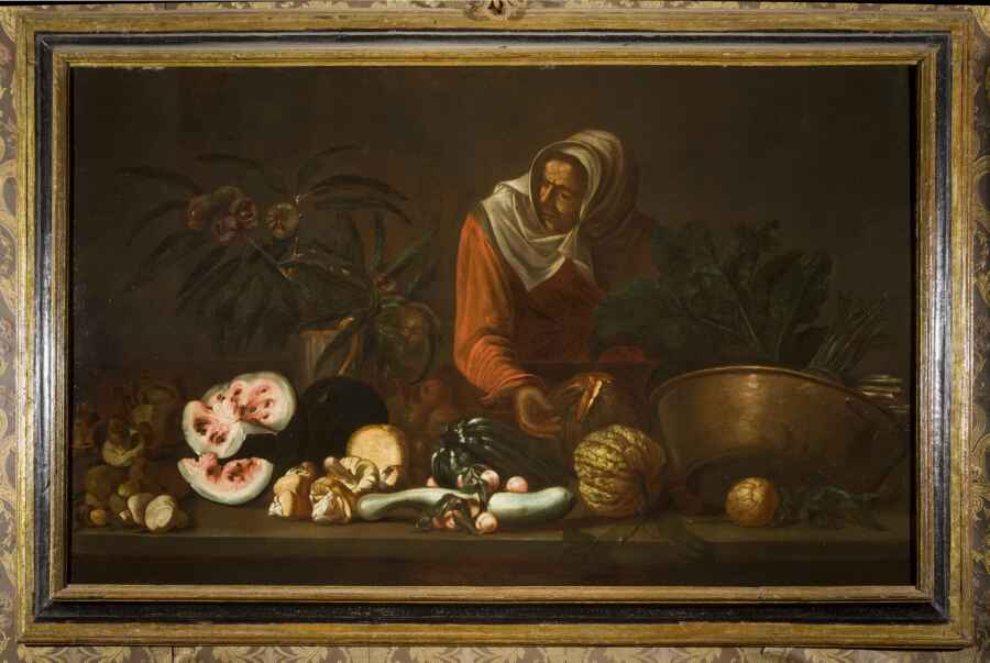 Simone del Tintore, Stillleben mit weiblicher Figur (1675–1699; Öl auf Leinwand, 124 × 100 cm; Lucca, Pinacoteca Nazionale im Palazzo Mansi)