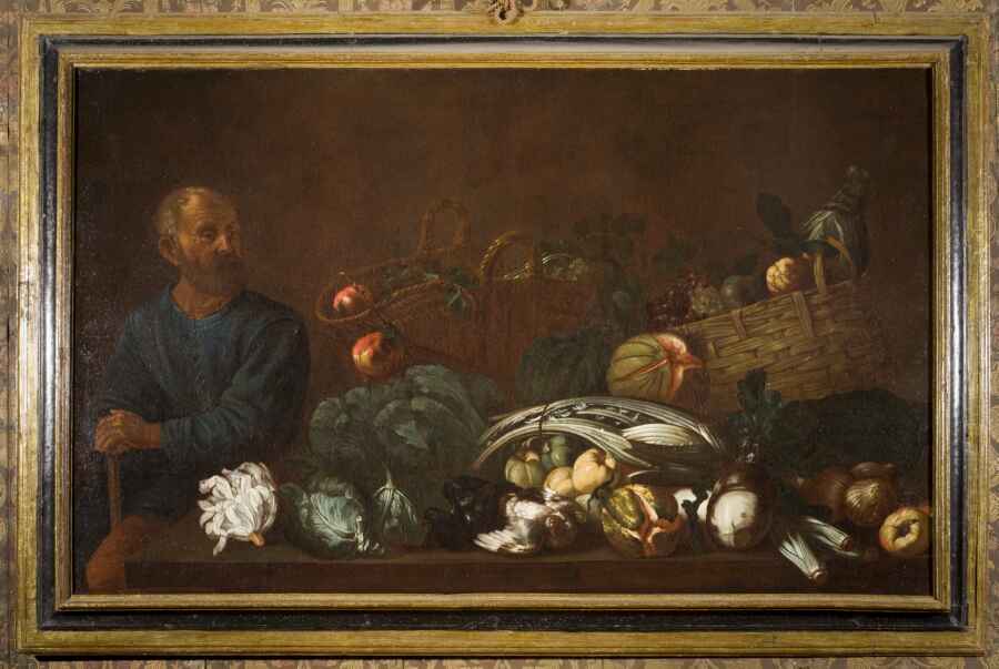 Simone del Tintore, Stillleben mit männlicher Figur (1675–1699; Öl auf Leinwand, 124 × 100 cm; Lucca, Pinacoteca Nazionale im Palazzo Mansi)