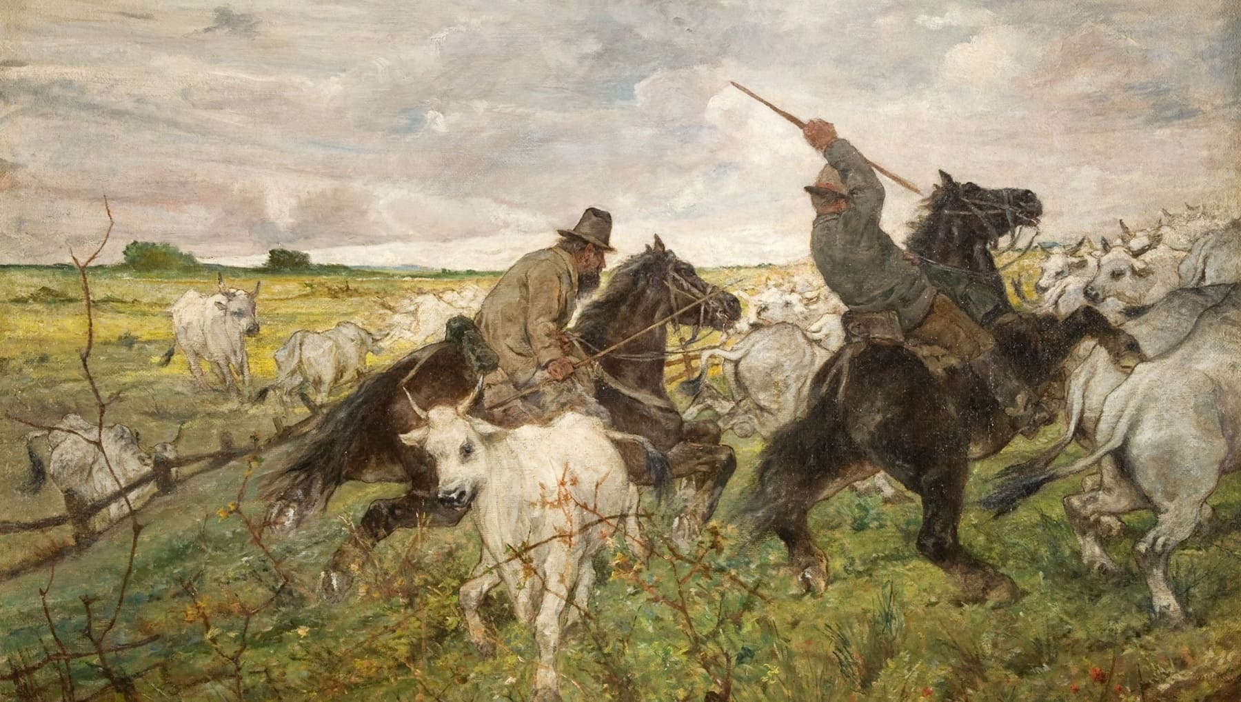 乔瓦尼·法托里，《马雷玛的牧牛人和牛群》（1894年；布面油画，105 &times; 150 厘米；锡耶纳，萨利姆贝尼城堡，锡耶纳蒙特德帕斯基银行收藏）