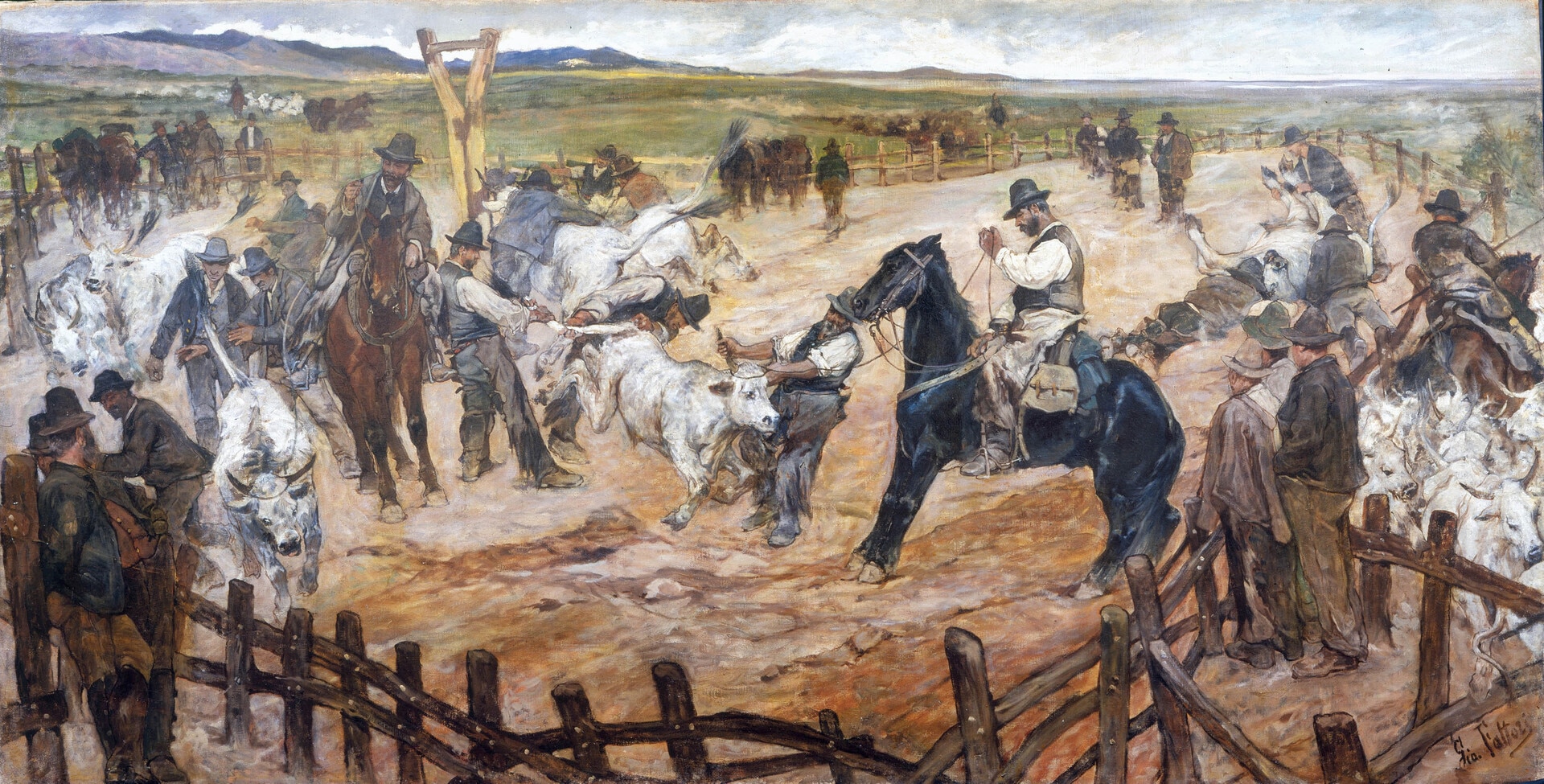 乔瓦尼·法托里，《马雷玛地区的公牛烙印》（约1887年；布面油画，86 &times; 172 厘米；私人收藏）